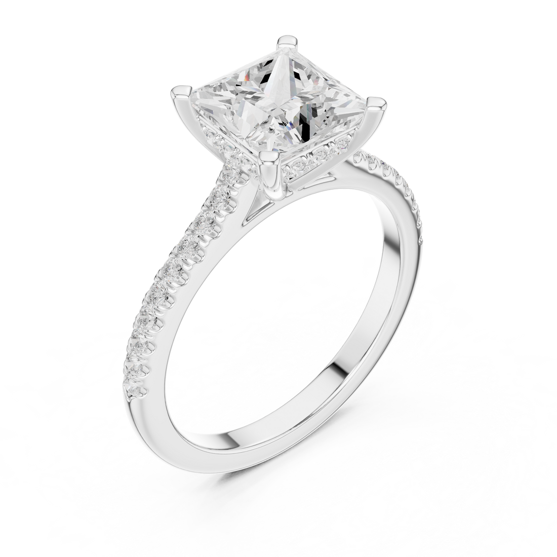 Princess Cut Solitaire Engagement Ring with Pavé Diamond Band and Hidden Halo