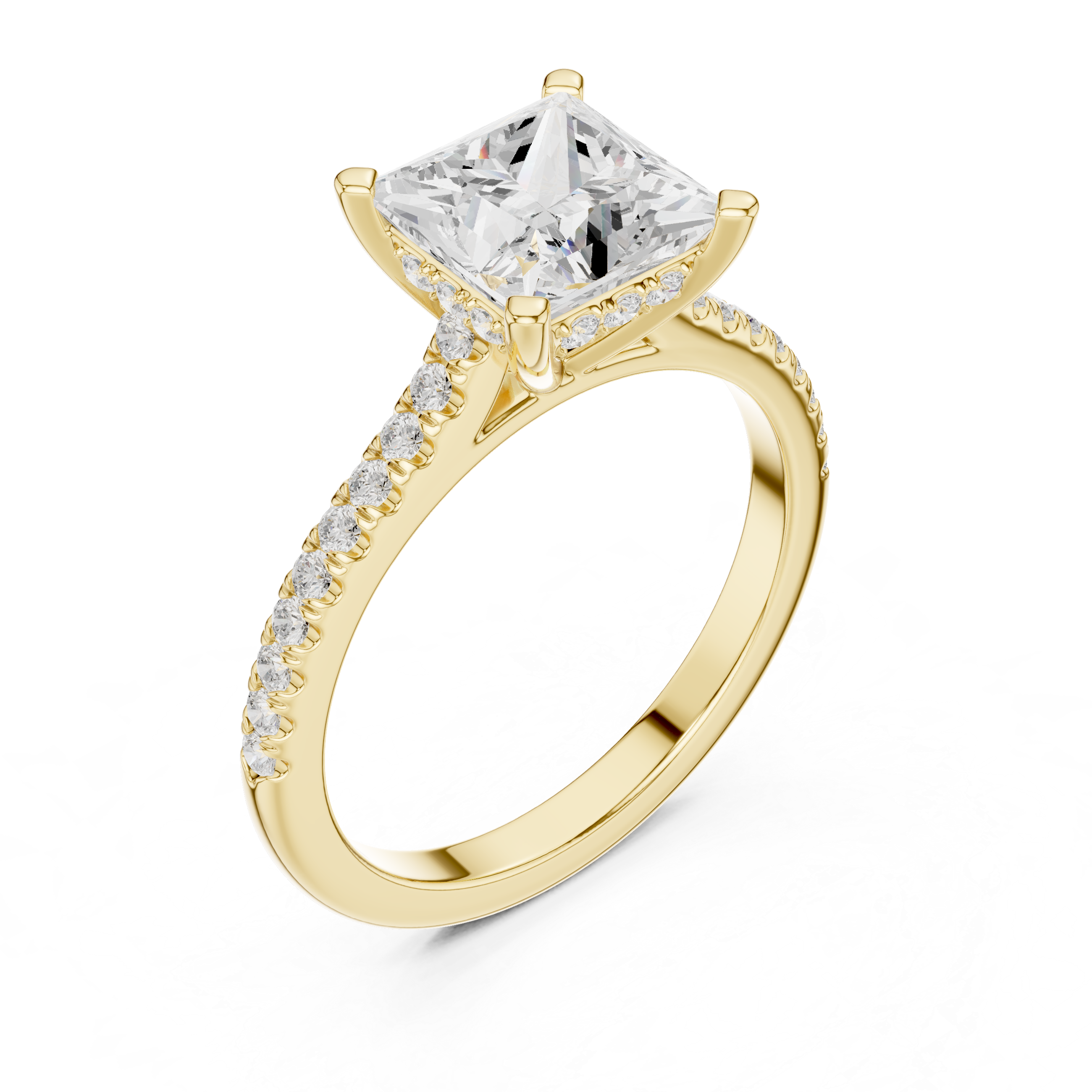 Princess Cut Solitaire Engagement Ring with Pavé Diamond Band and Hidden Halo