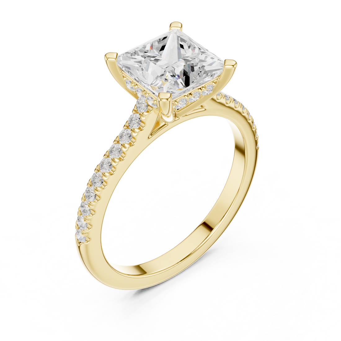 Princess Cut Solitaire Engagement Ring with Pavé Diamond Band and Hidden Halo