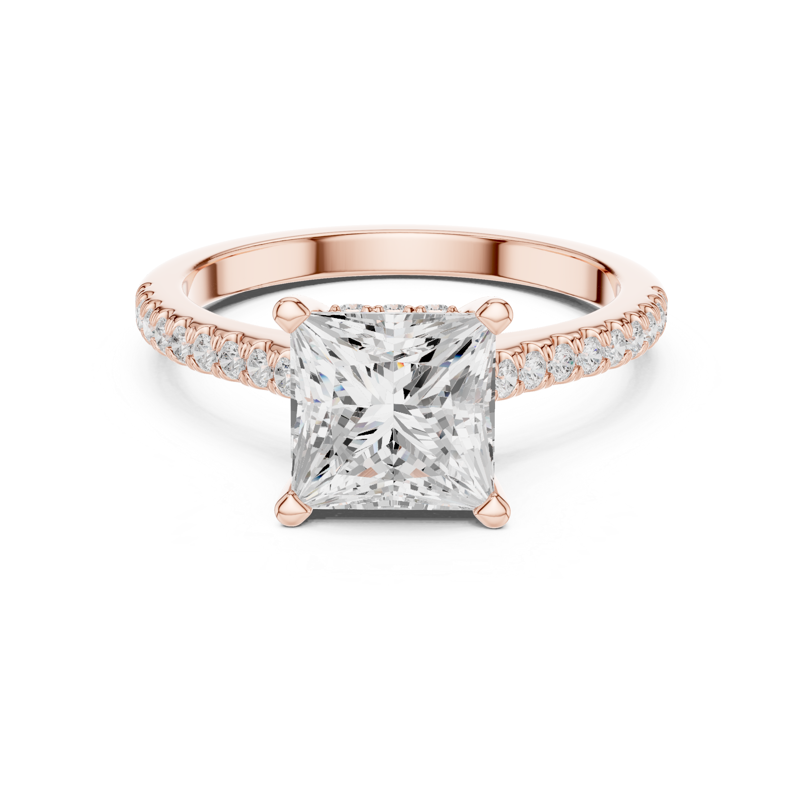 Princess Cut Solitaire Engagement Ring with Pavé Diamond Band and Hidden Halo