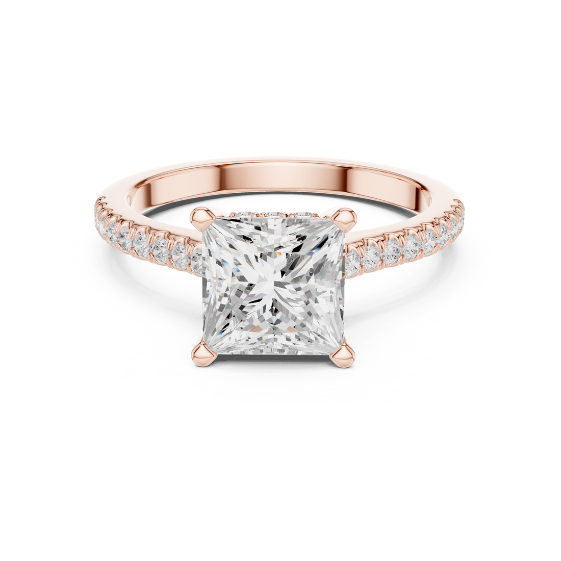 Princess Cut Solitaire Engagement Ring with Pavé Diamond Band and Hidden Halo