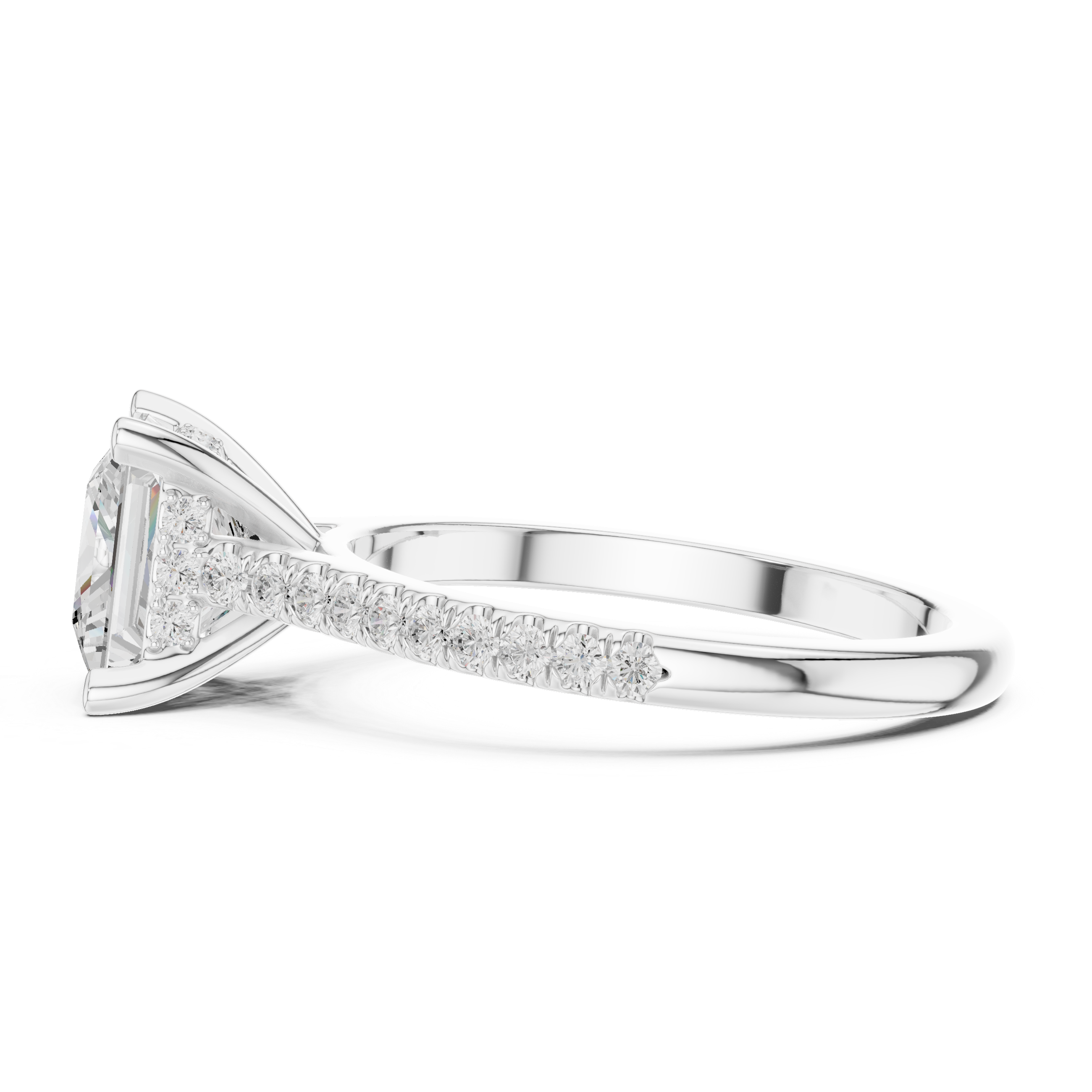 Princess Cut Solitaire Engagement Ring with Pavé Diamond Band and Hidden Halo
