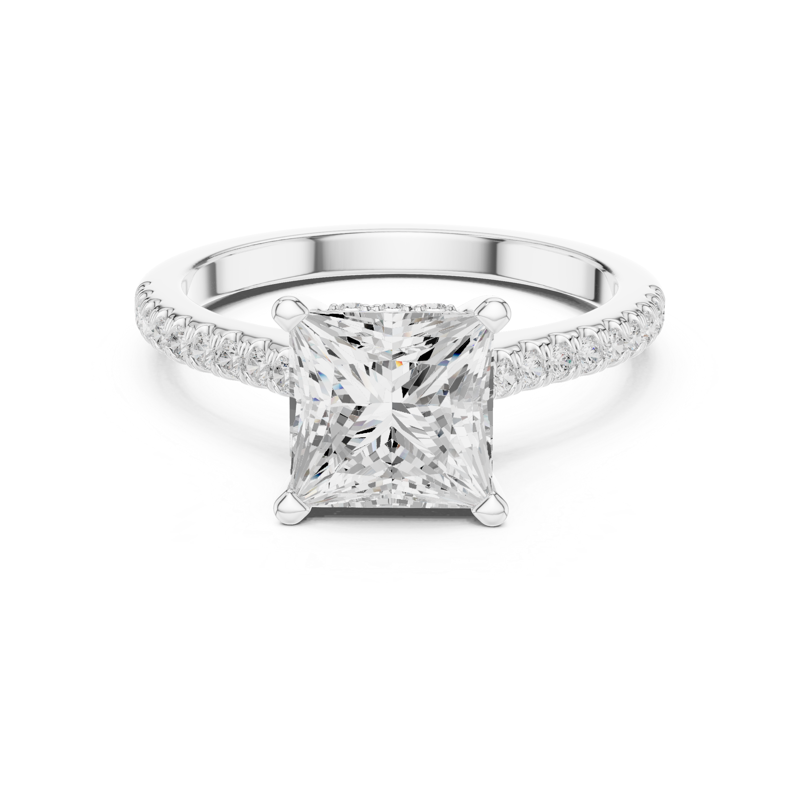 Princess Cut Solitaire Engagement Ring with Pavé Diamond Band and Hidden Halo