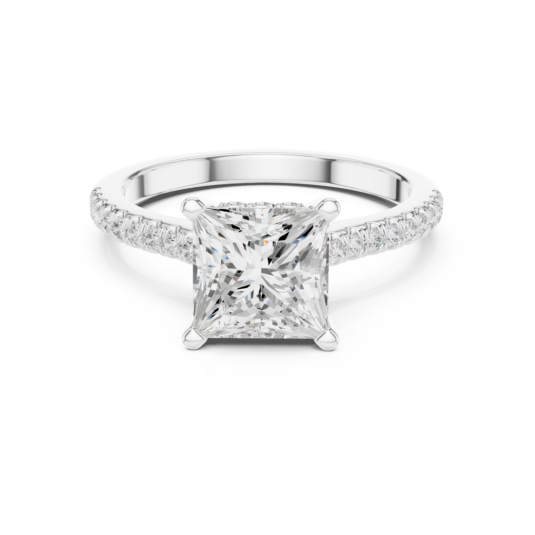 Princess Cut Solitaire Engagement Ring with Pavé Diamond Band and Hidden Halo