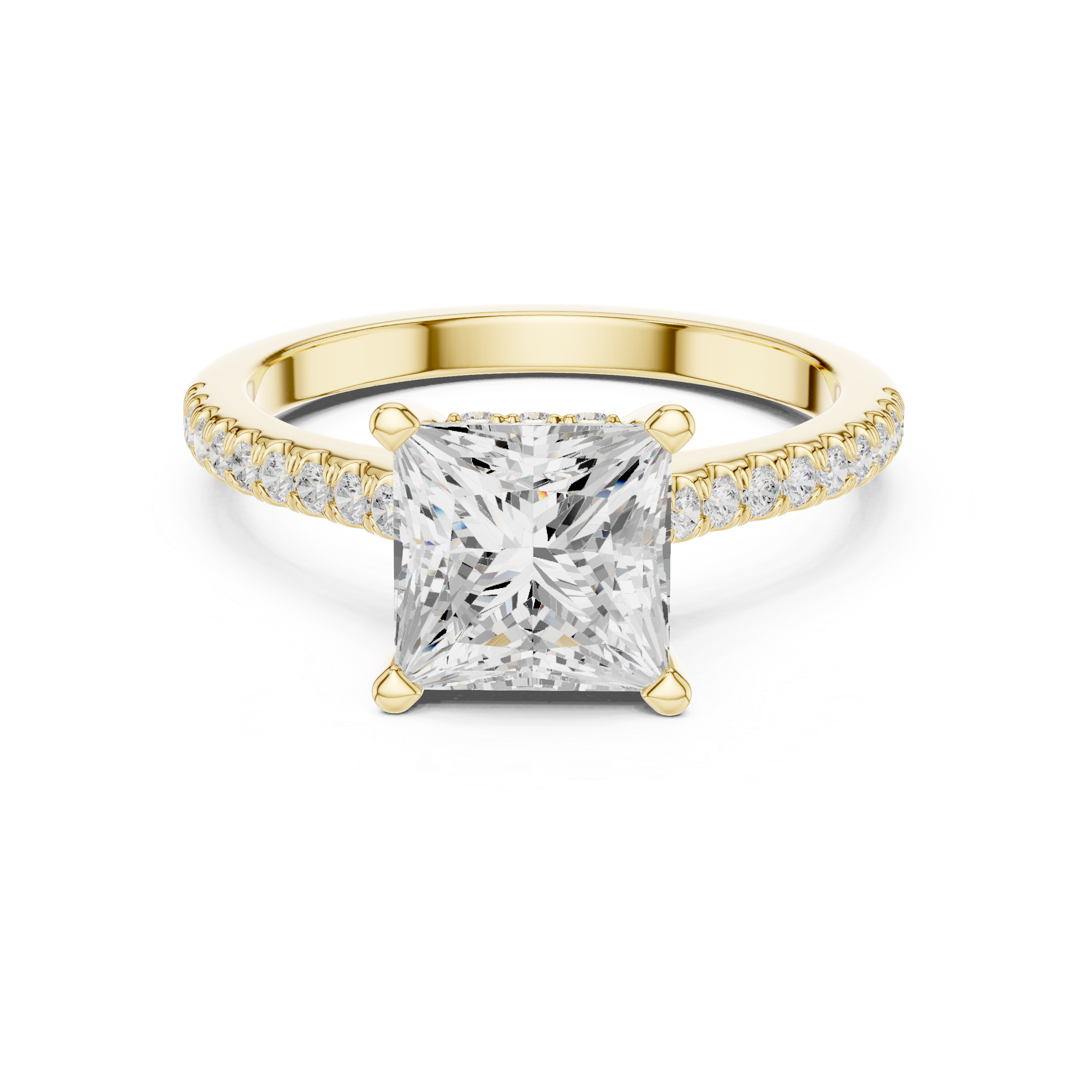 Princess Cut Solitaire Engagement Ring with Pavé Diamond Band and Hidden Halo
