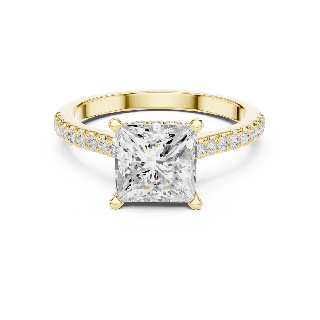Princess Cut Solitaire Engagement Ring with Pavé Diamond Band and Hidden Halo