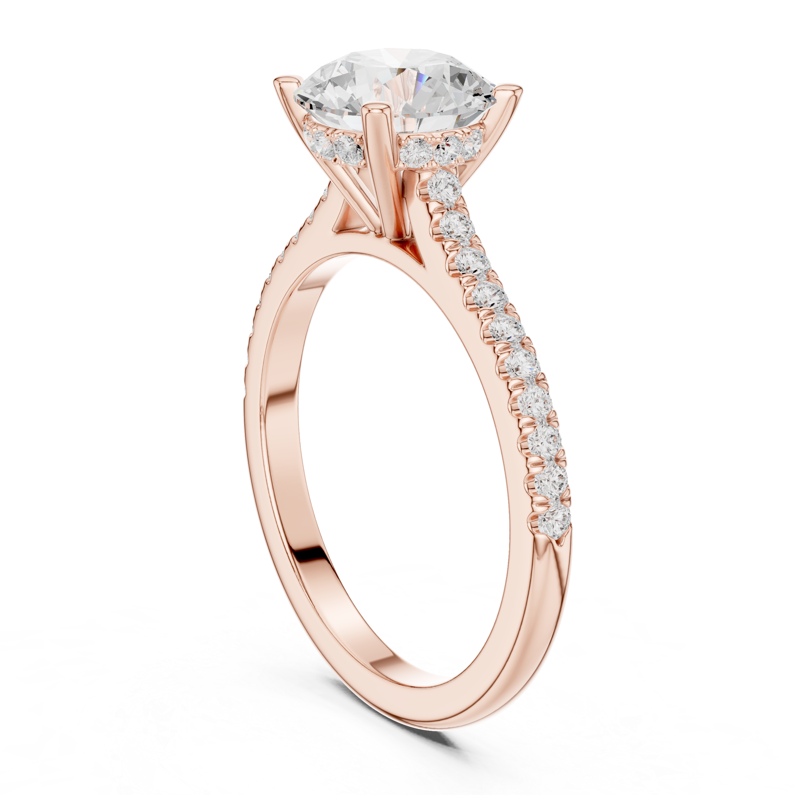 Round Cut Solitaire Engagement Ring with Pavé Diamond Band and Hidden Halo