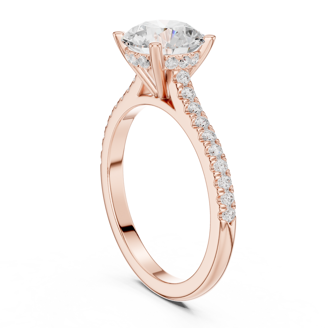 Round Cut Solitaire Engagement Ring with Pavé Diamond Band and Hidden Halo