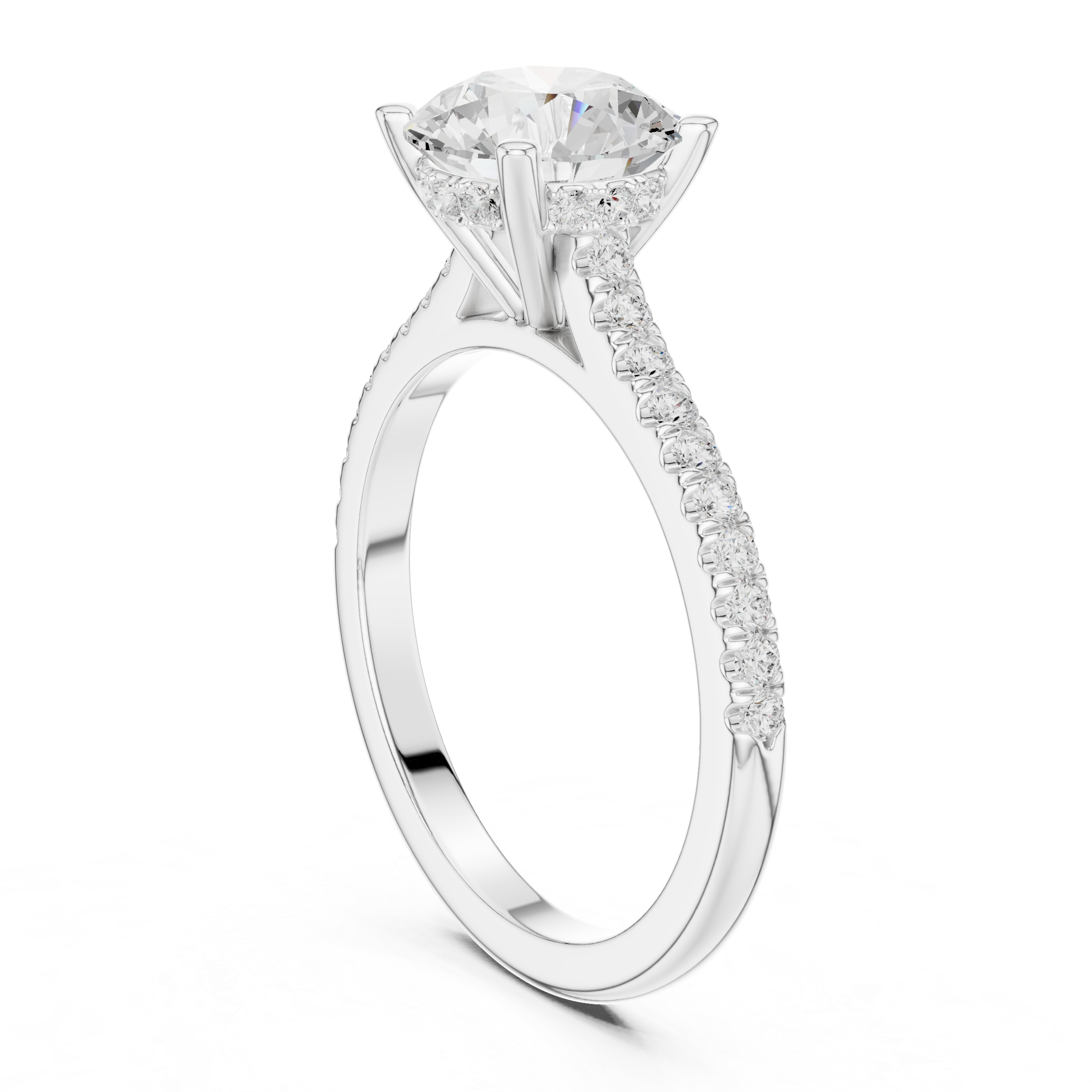 Round Cut Solitaire Engagement Ring with Pavé Diamond Band and Hidden Halo