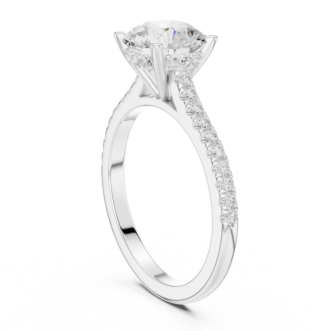 Round Cut Solitaire Engagement Ring with Pavé Diamond Band and Hidden Halo