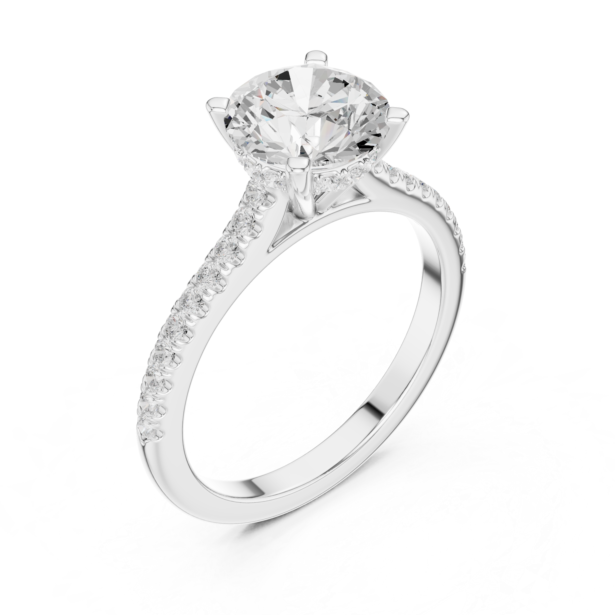 Round Cut Solitaire Engagement Ring with Pavé Diamond Band and Hidden Halo