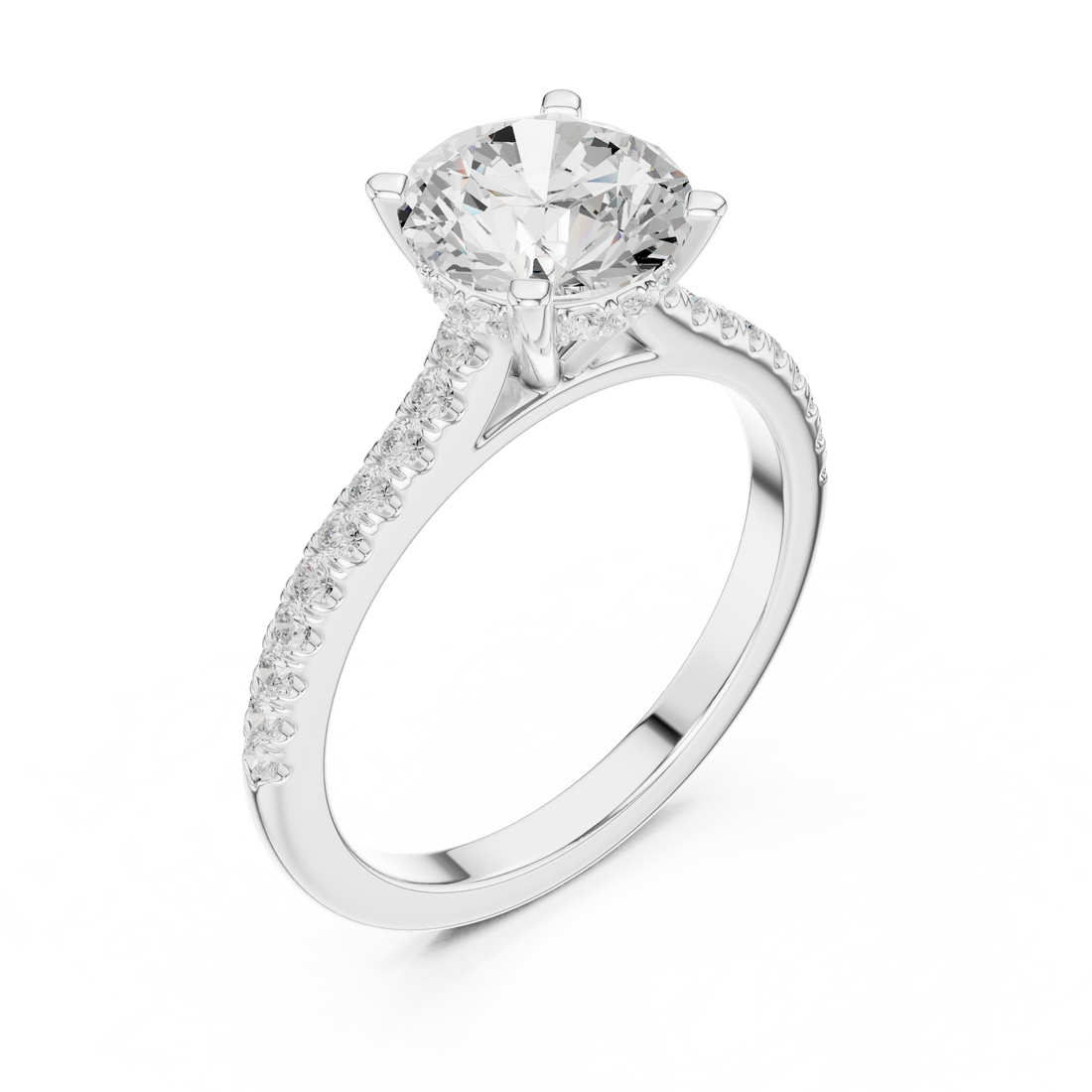 Round Cut Solitaire Engagement Ring with Pavé Diamond Band and Hidden Halo