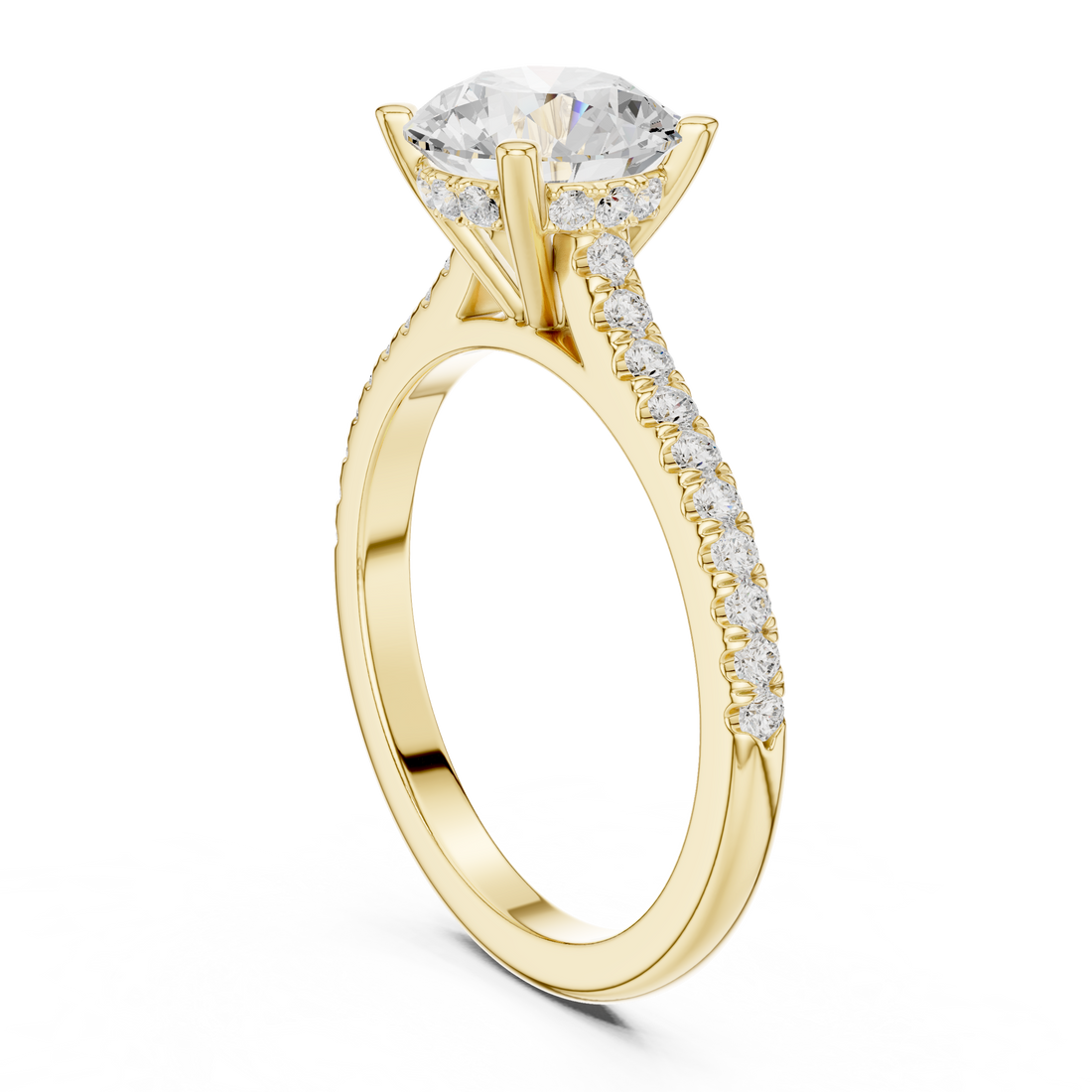 Round Cut Solitaire Engagement Ring with Pavé Diamond Band and Hidden Halo