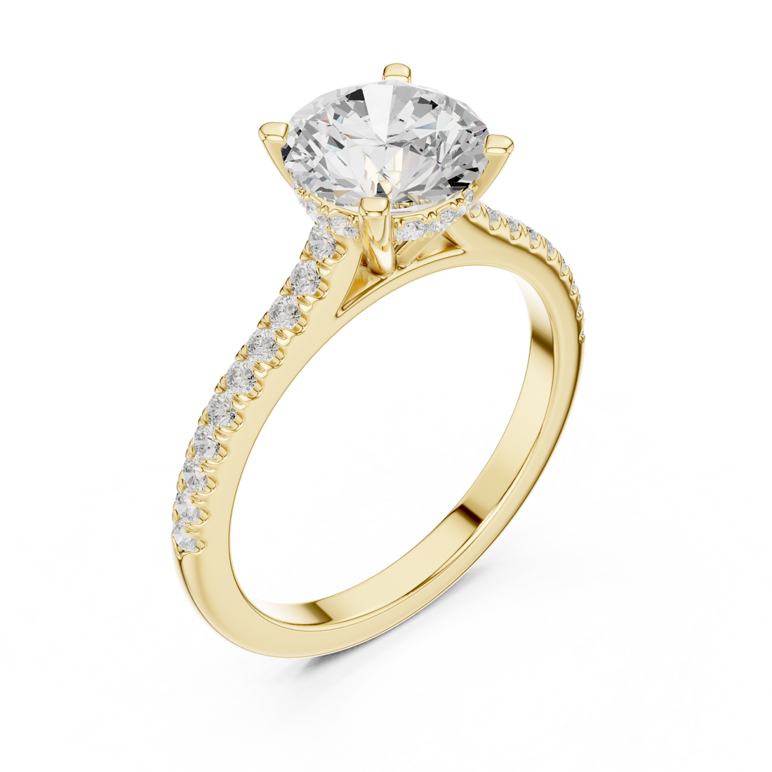 Round Cut Solitaire Engagement Ring with Pavé Diamond Band and Hidden Halo