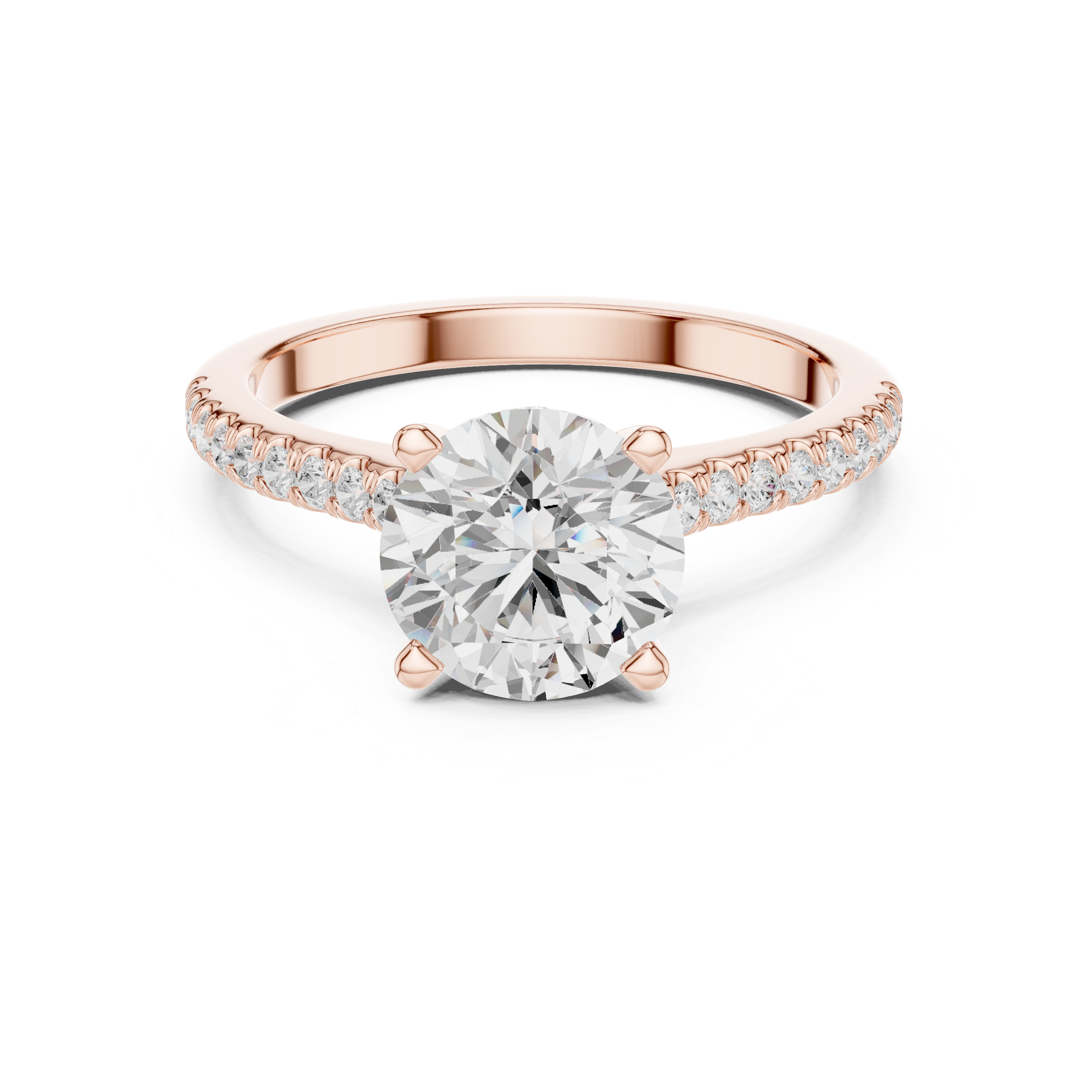 Round Cut Solitaire Engagement Ring with Pavé Diamond Band and Hidden Halo