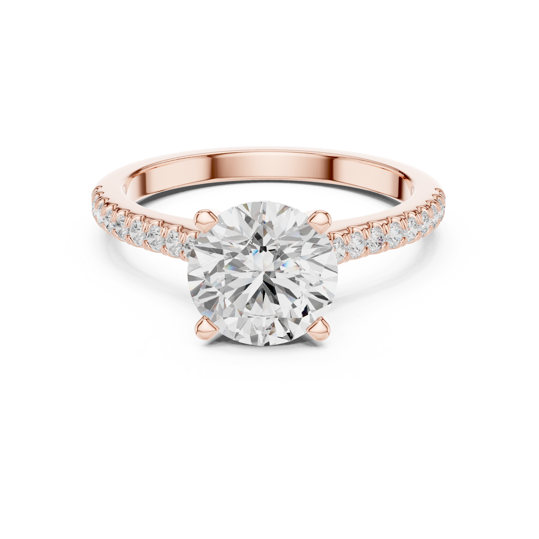 Round Cut Solitaire Engagement Ring with Pavé Diamond Band and Hidden Halo