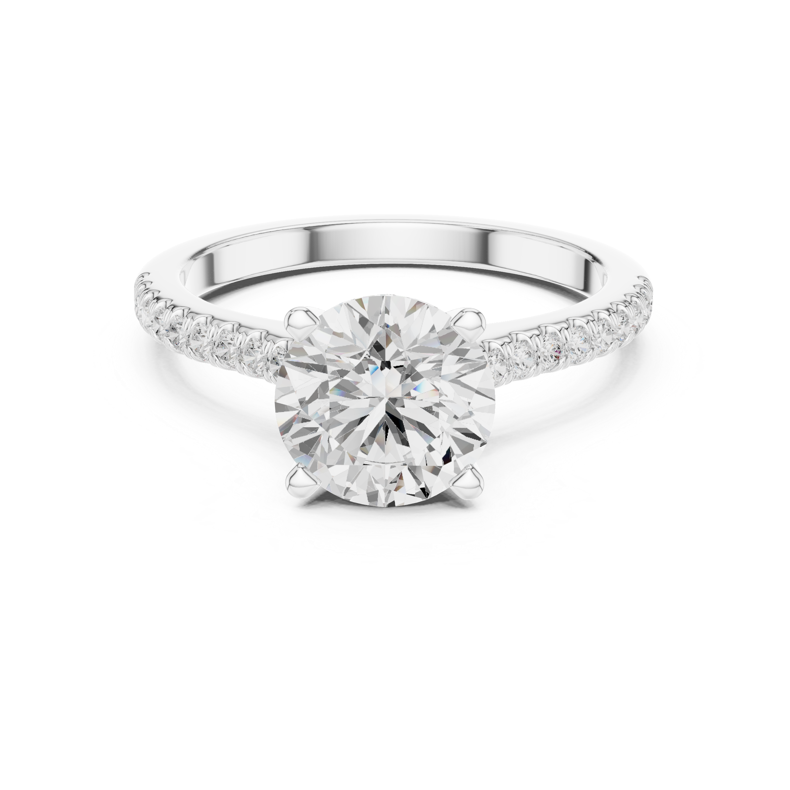 Round Cut Solitaire Engagement Ring with Pavé Diamond Band and Hidden Halo