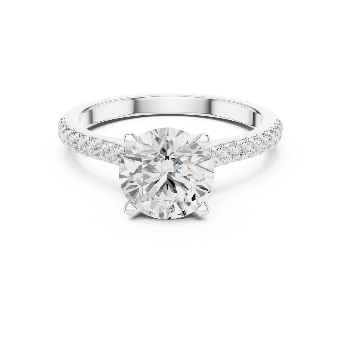 Round Cut Solitaire Engagement Ring with Pavé Diamond Band and Hidden Halo