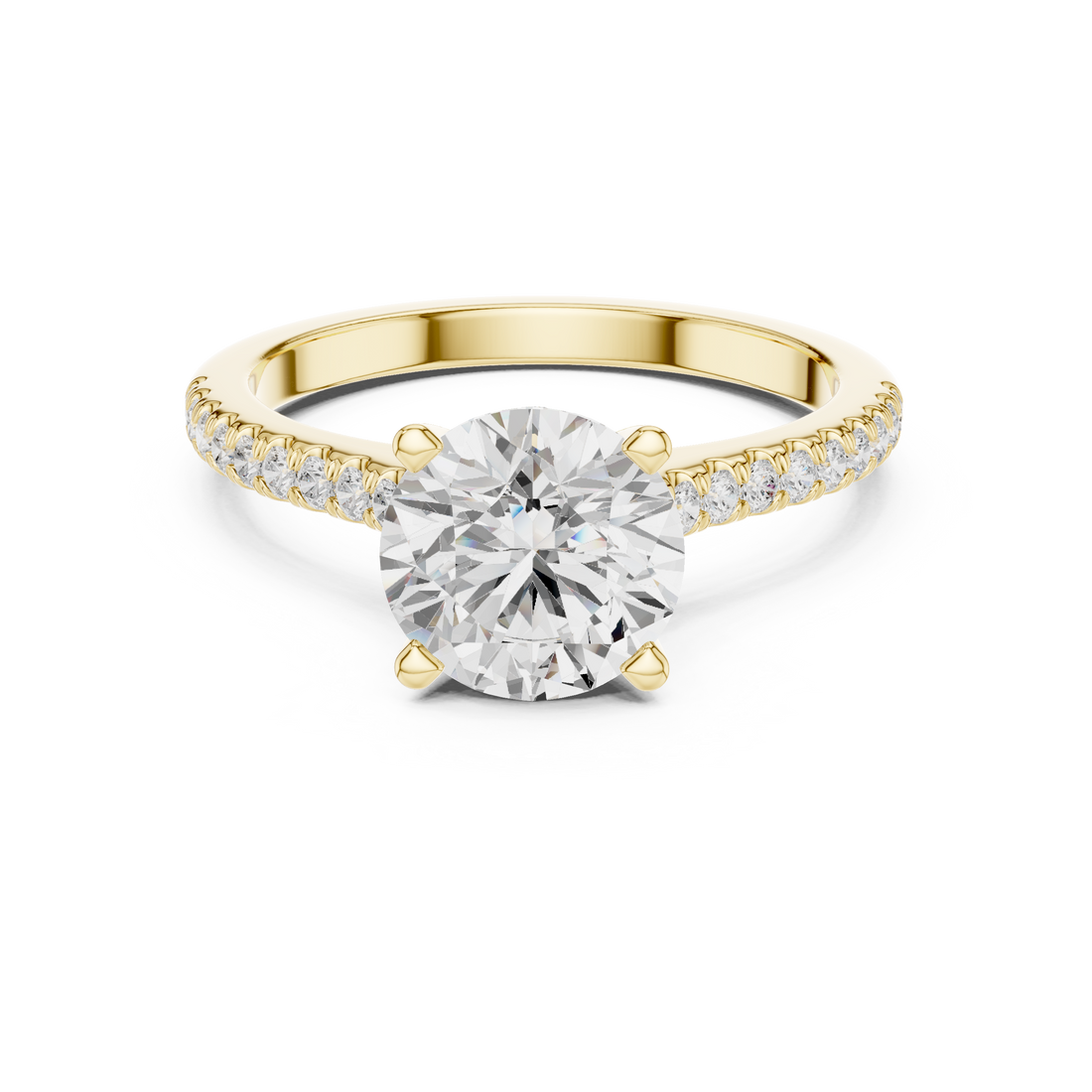 Round Cut Solitaire Engagement Ring with Pavé Diamond Band and Hidden Halo