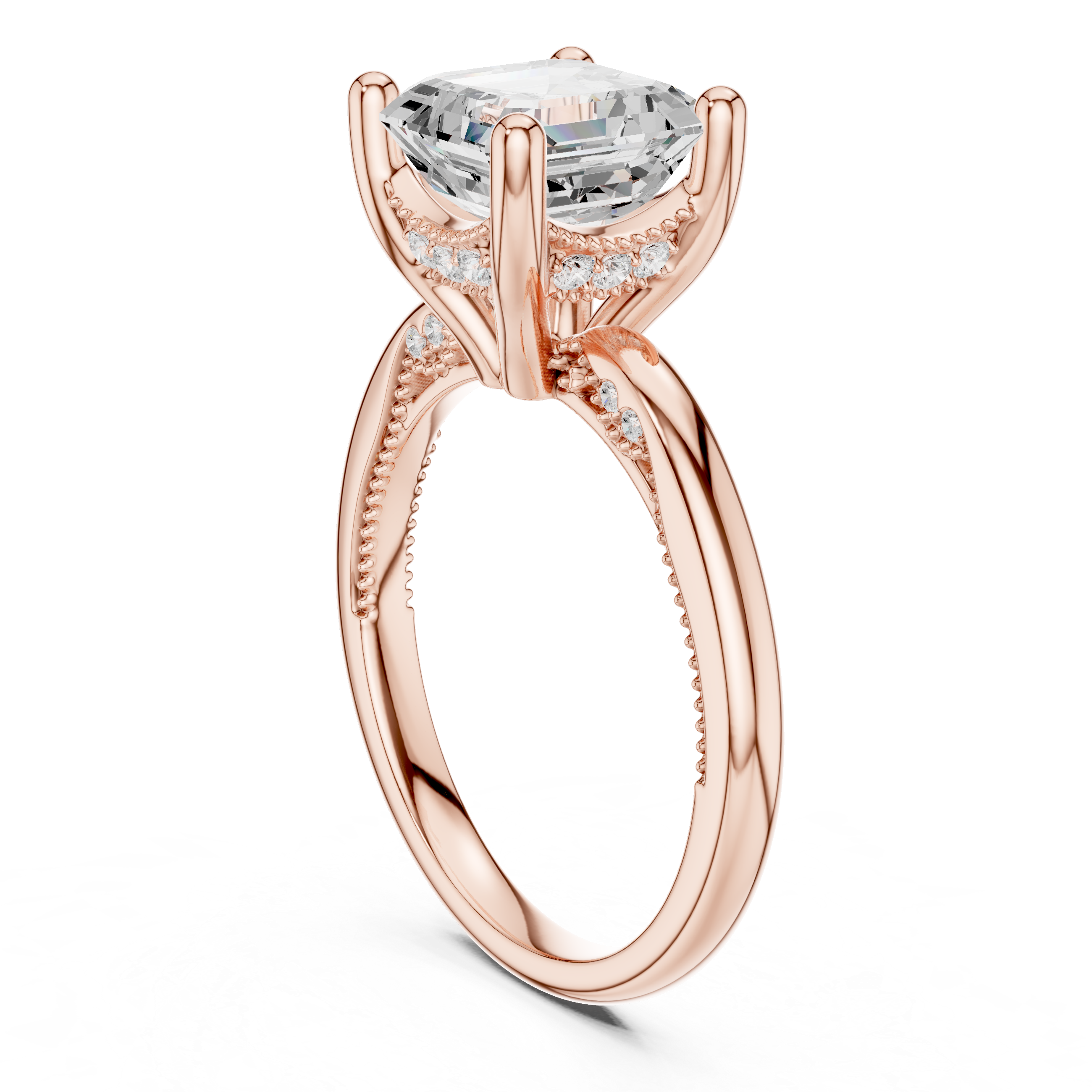Asscher Cut Engagement Ring with Twisted Split Shank and Hidden Halo
