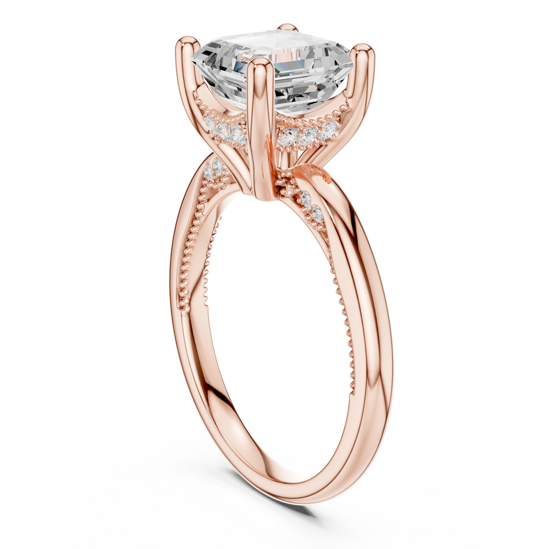 Asscher Cut Engagement Ring with Twisted Split Shank and Hidden Halo