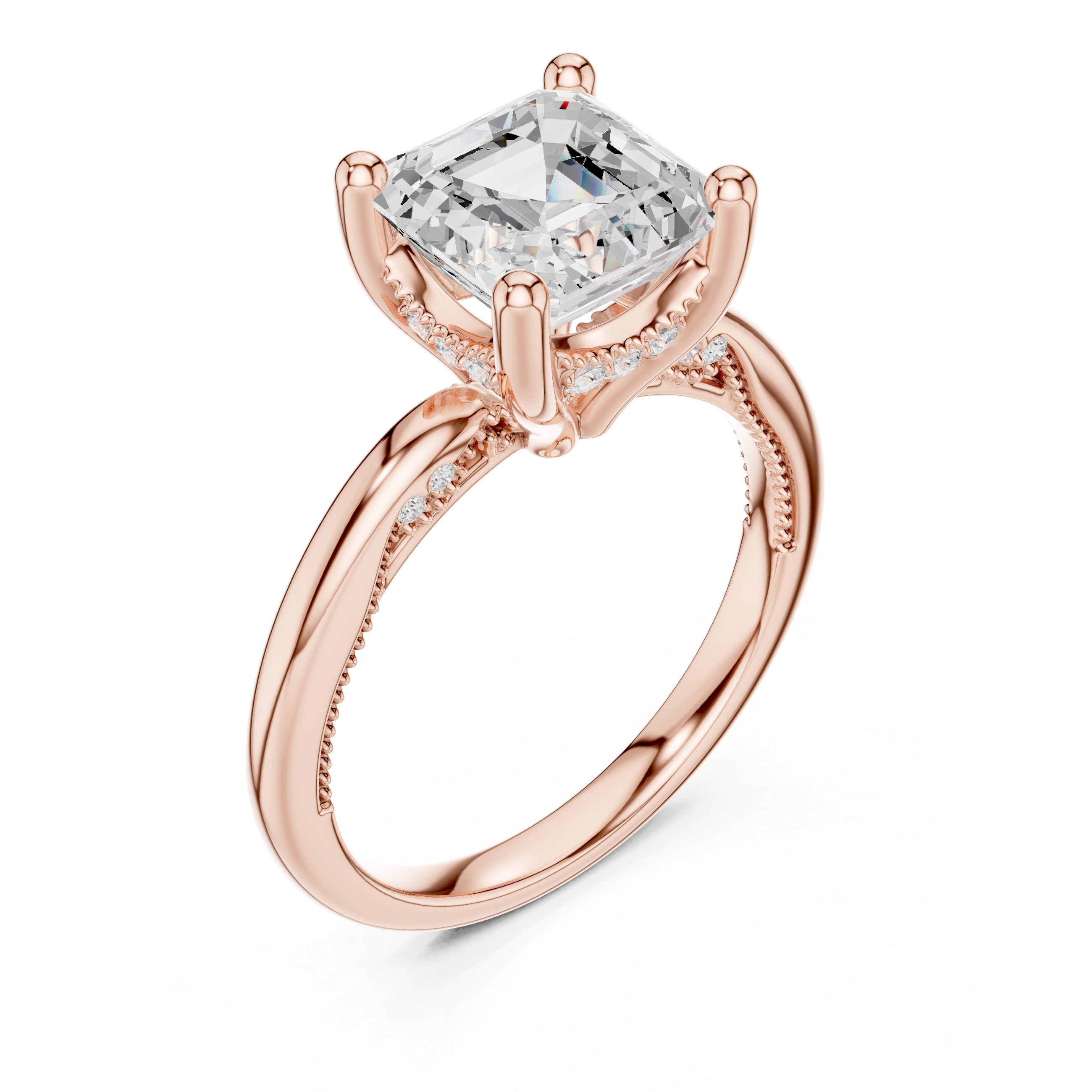 Asscher Cut Engagement Ring with Twisted Split Shank and Hidden Halo