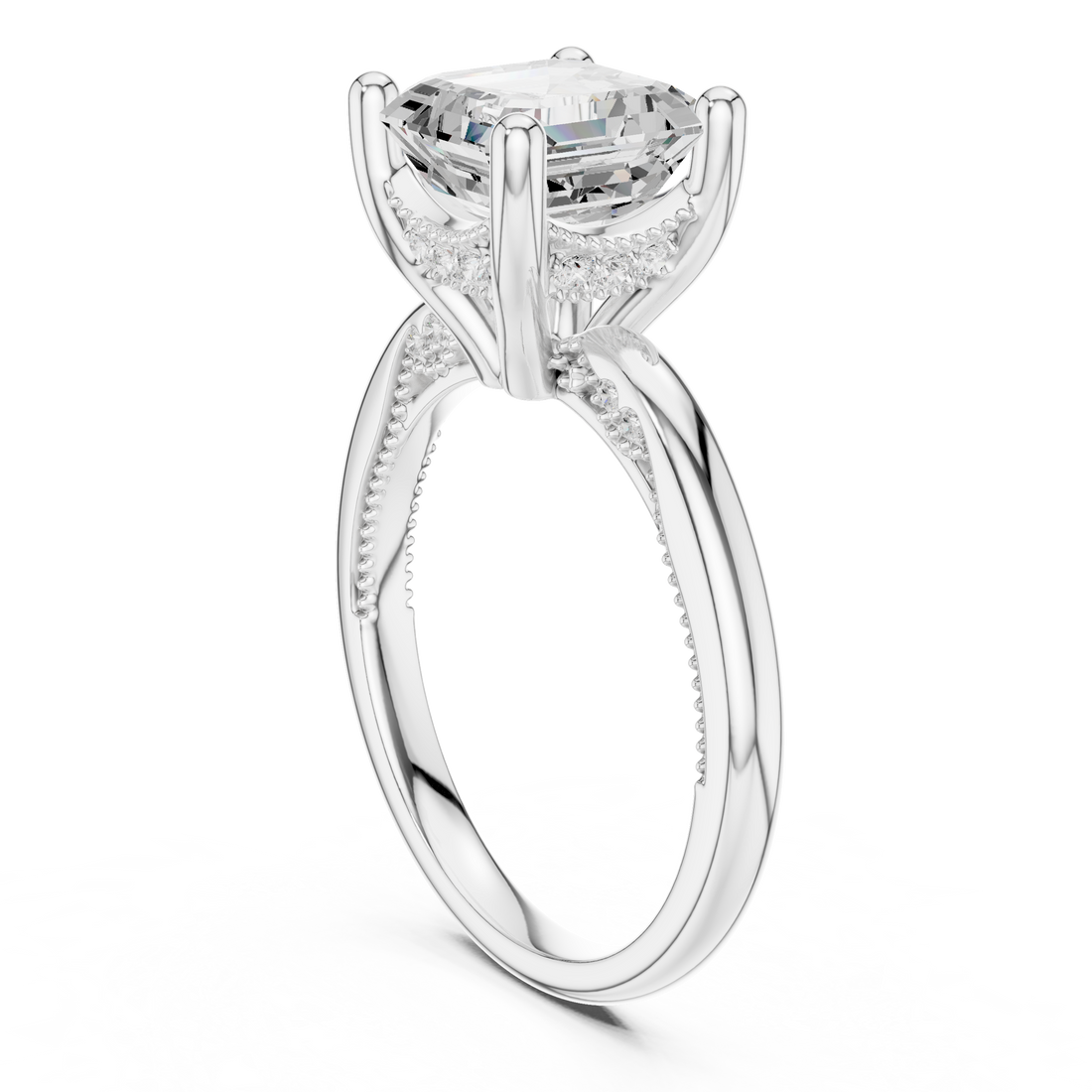Asscher Cut Engagement Ring with Twisted Split Shank and Hidden Halo