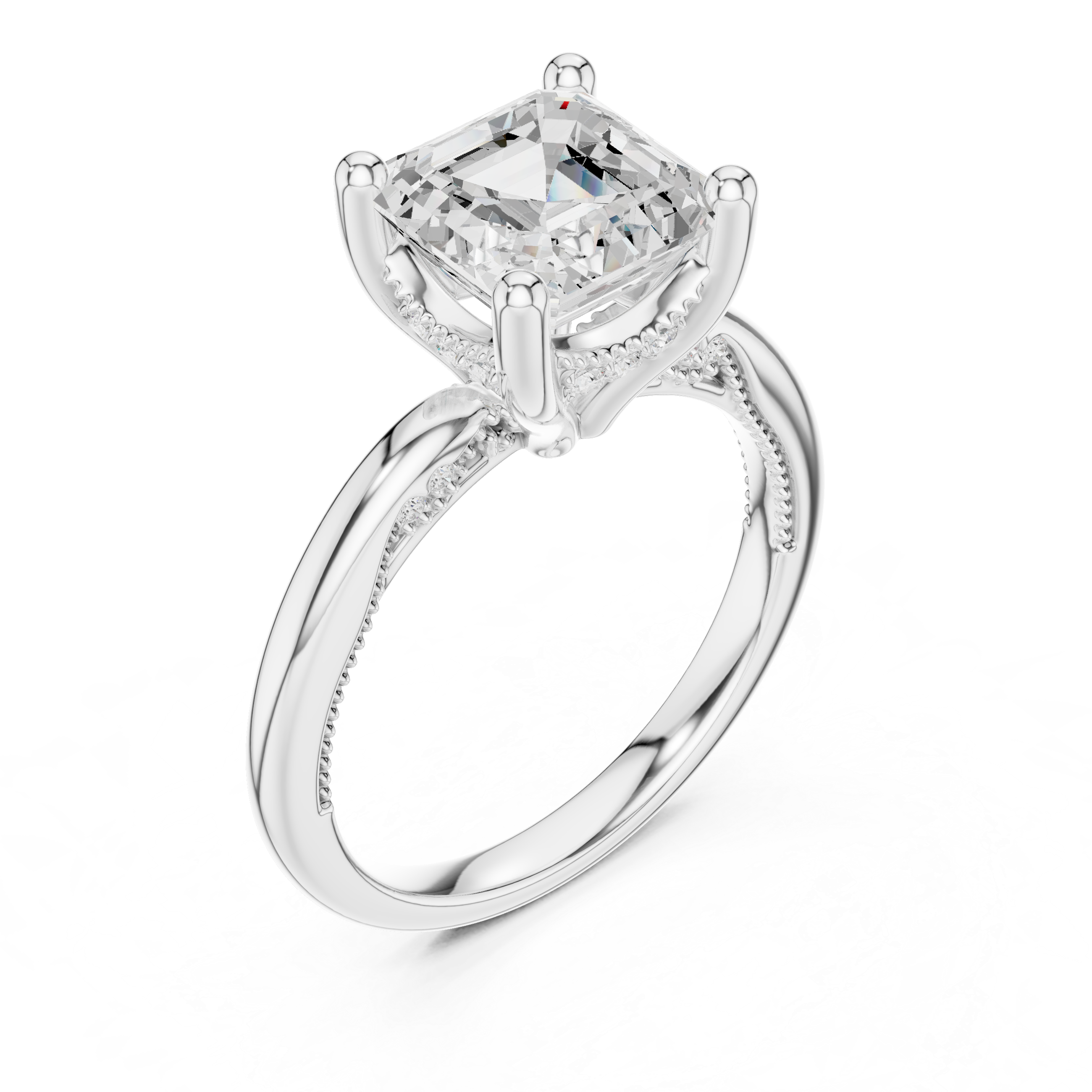 Asscher Cut Engagement Ring with Twisted Split Shank and Hidden Halo