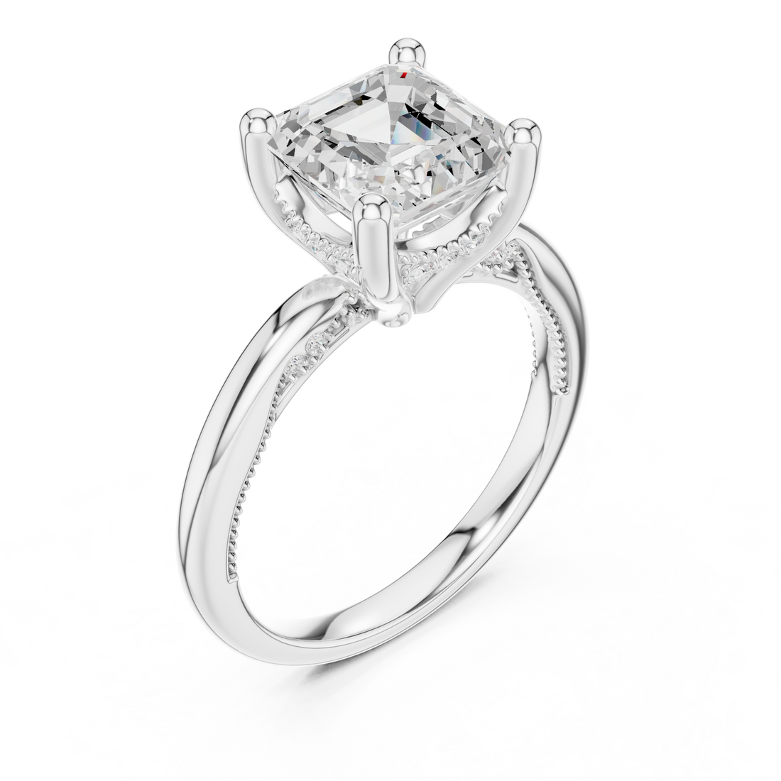 Asscher Cut Engagement Ring with Twisted Split Shank and Hidden Halo