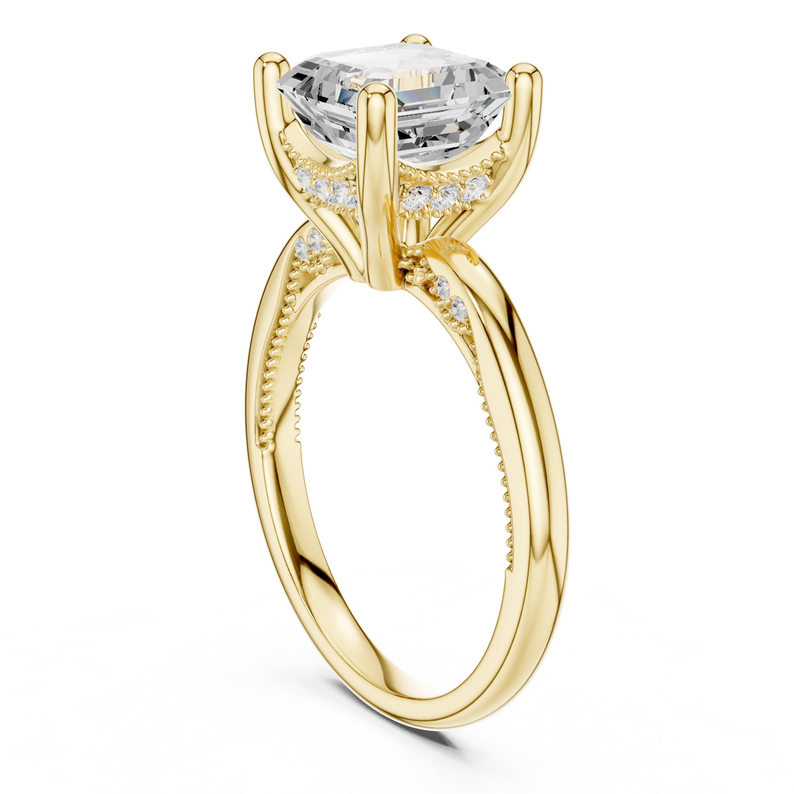 Asscher Cut Engagement Ring with Twisted Split Shank and Hidden Halo