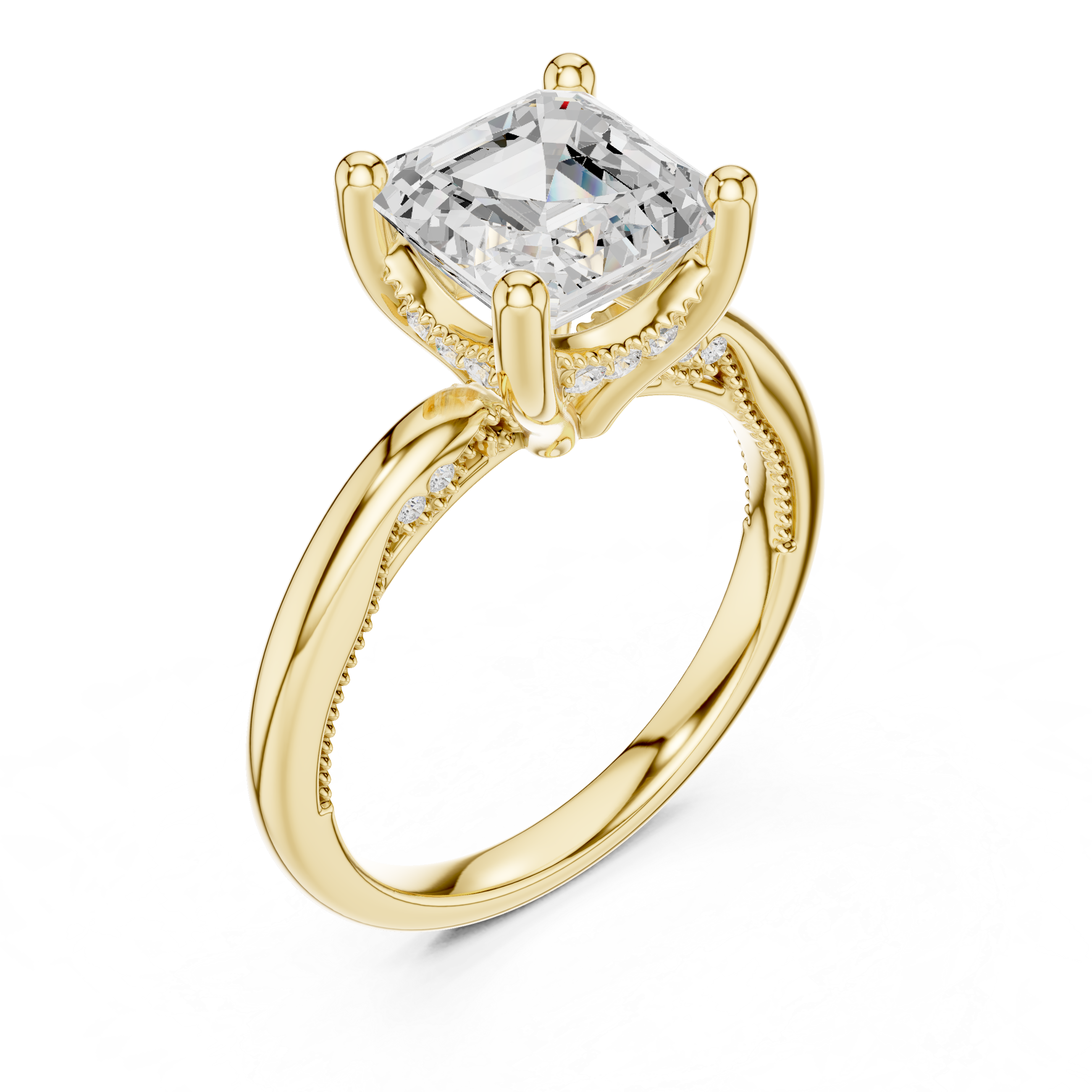 Asscher Cut Engagement Ring with Twisted Split Shank and Hidden Halo