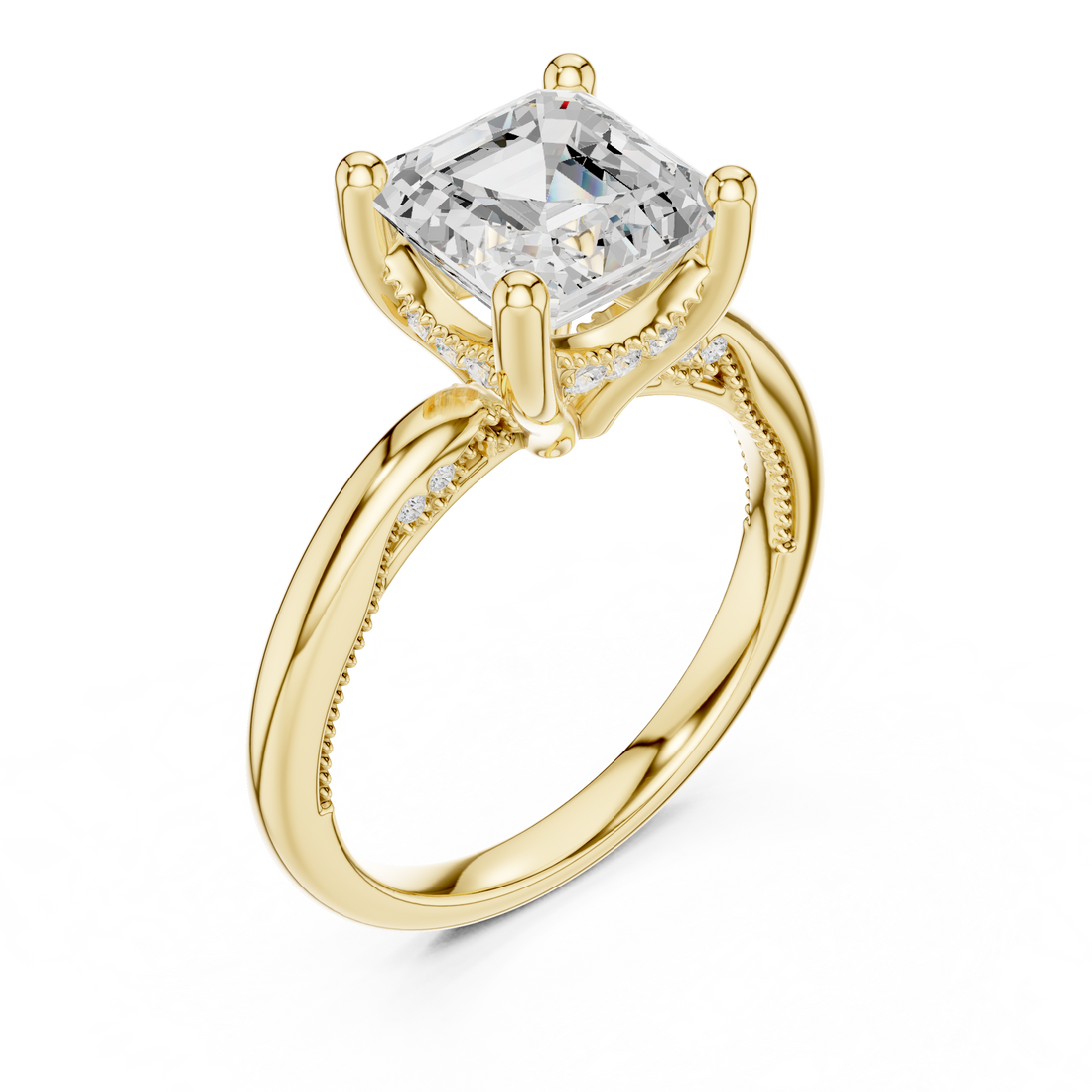 Asscher Cut Engagement Ring with Twisted Split Shank and Hidden Halo