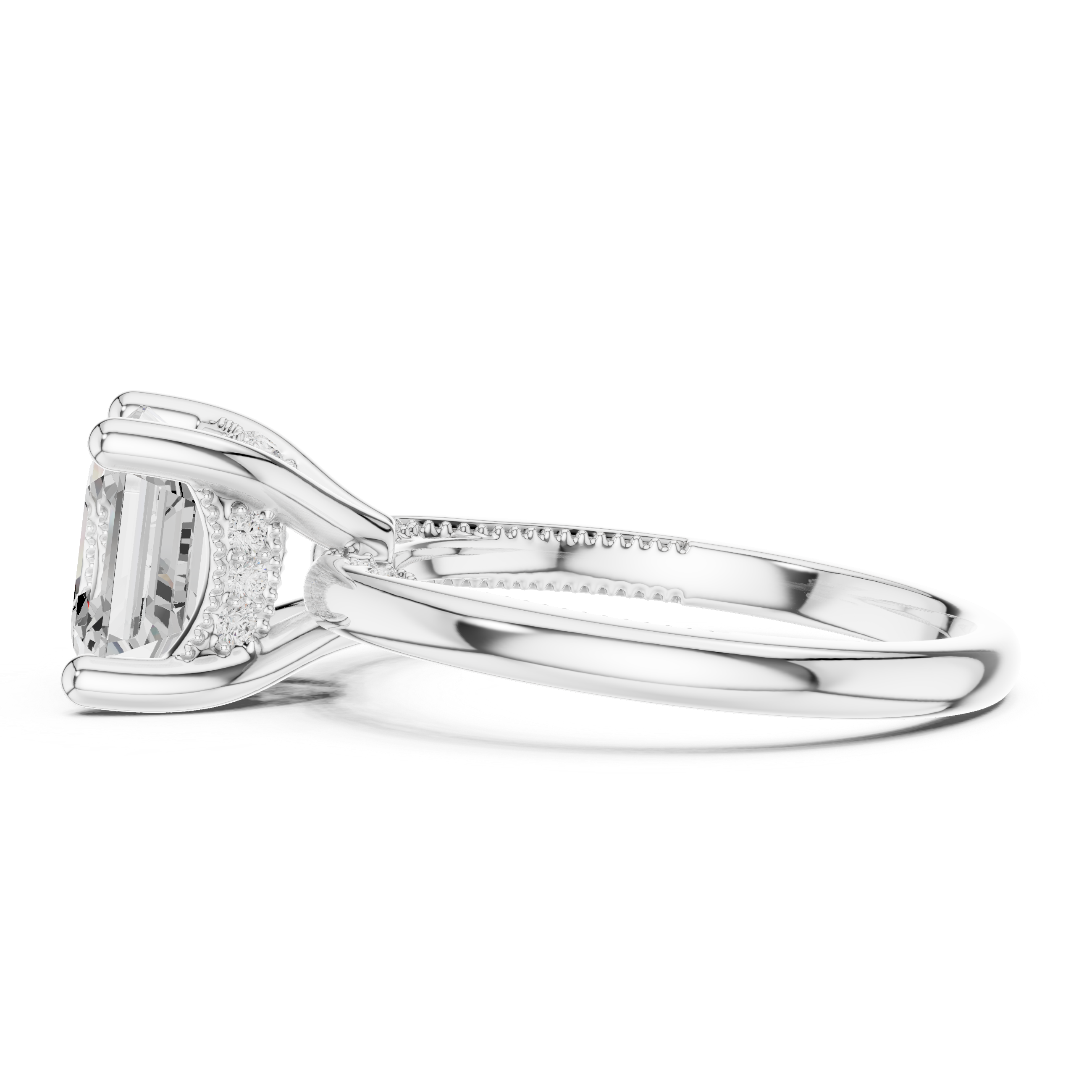 Asscher Cut Engagement Ring with Twisted Split Shank and Hidden Halo