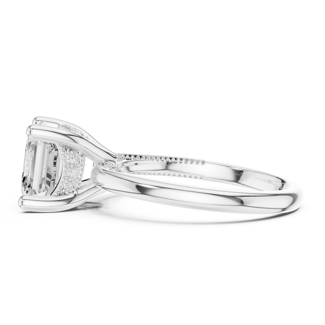 Asscher Cut Engagement Ring with Twisted Split Shank and Hidden Halo