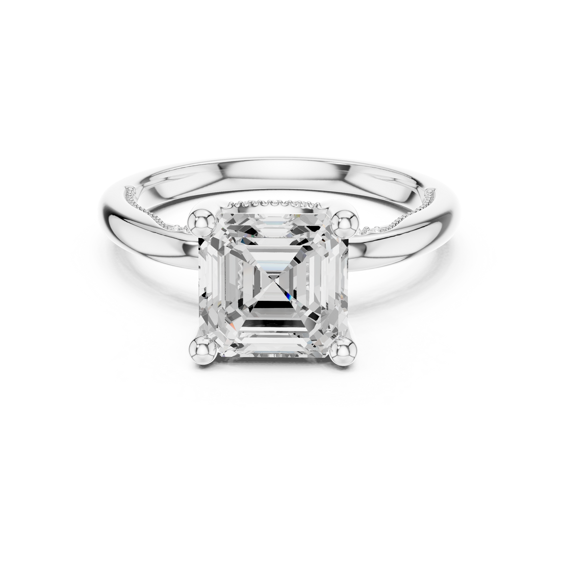 Asscher Cut Engagement Ring with Twisted Split Shank and Hidden Halo