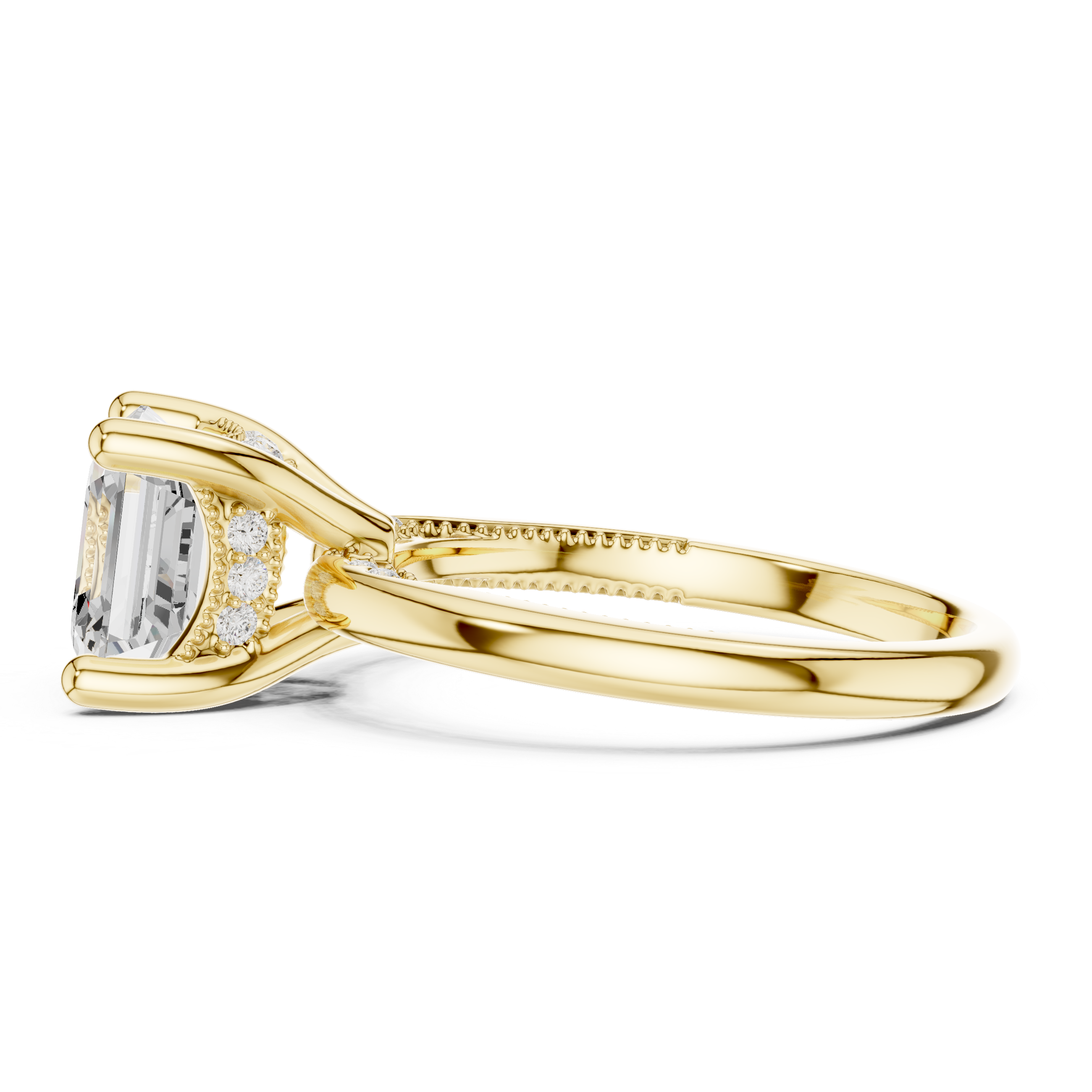 Asscher Cut Engagement Ring with Twisted Split Shank and Hidden Halo
