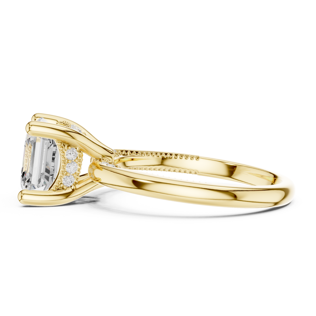 Asscher Cut Engagement Ring with Twisted Split Shank and Hidden Halo