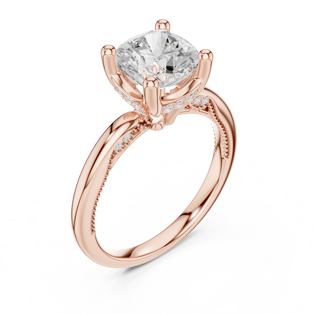 Cushion Cut Engagement Ring with Twisted Split Shank and Hidden Halo