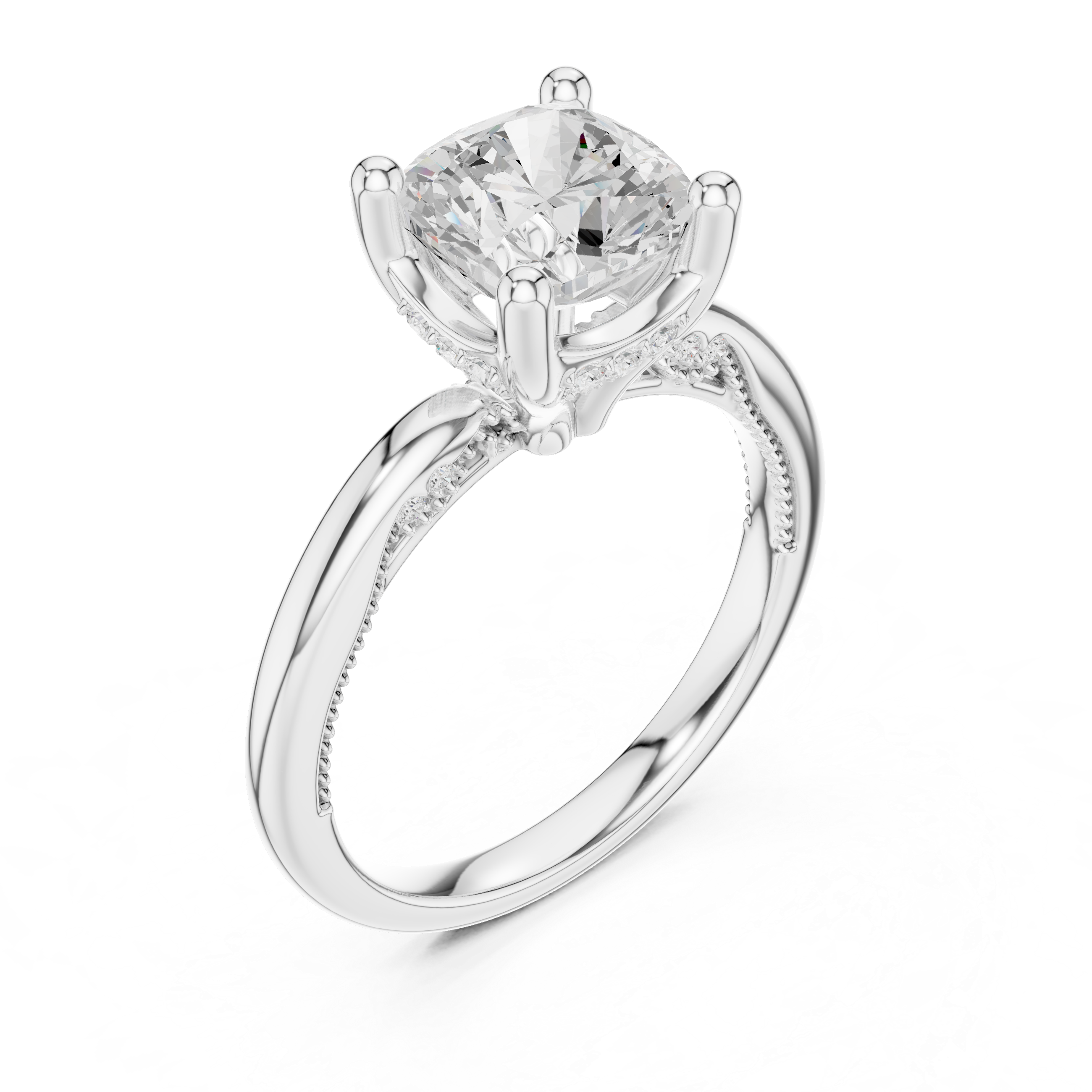 Cushion Cut Engagement Ring with Twisted Split Shank and Hidden Halo