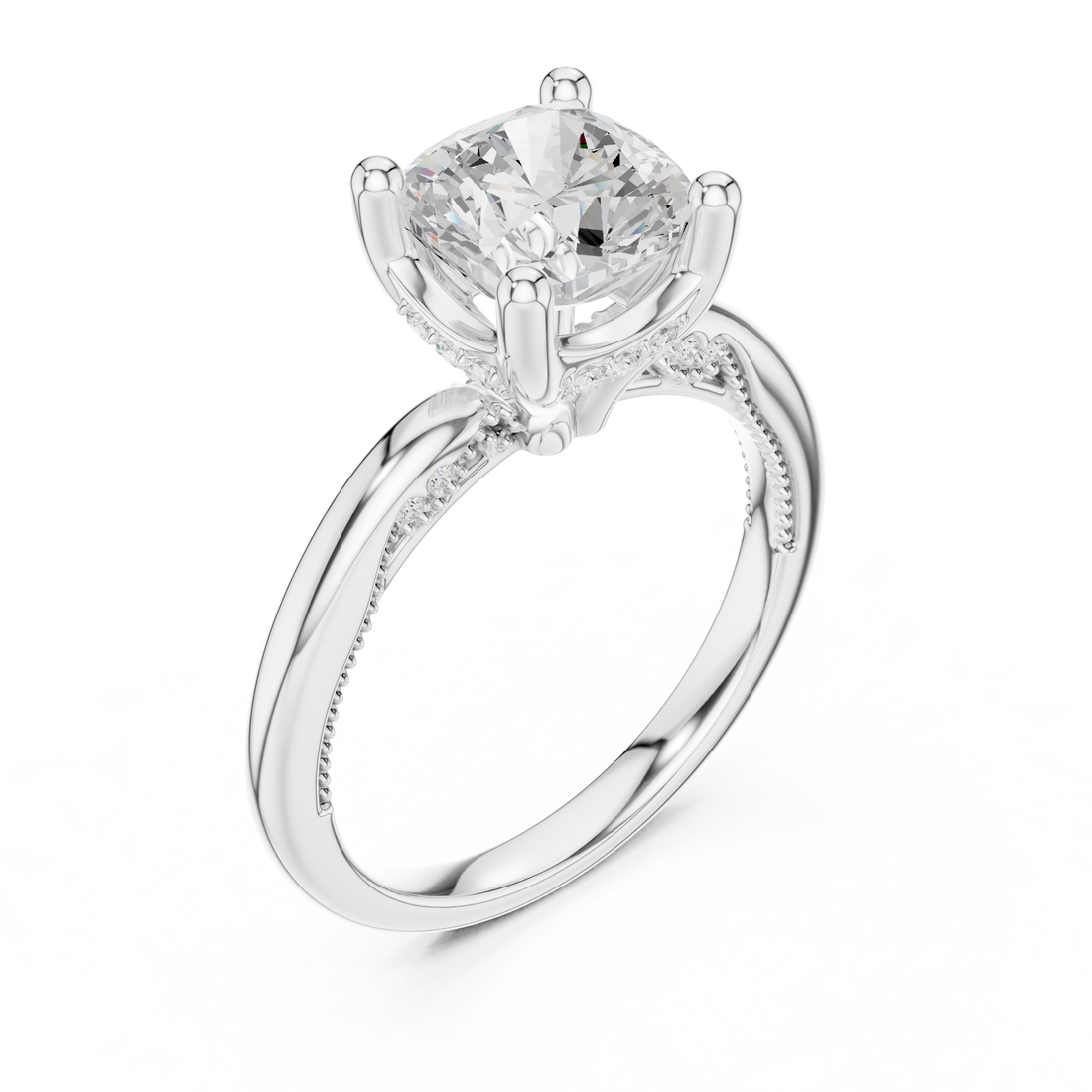 Cushion Cut Engagement Ring with Twisted Split Shank and Hidden Halo