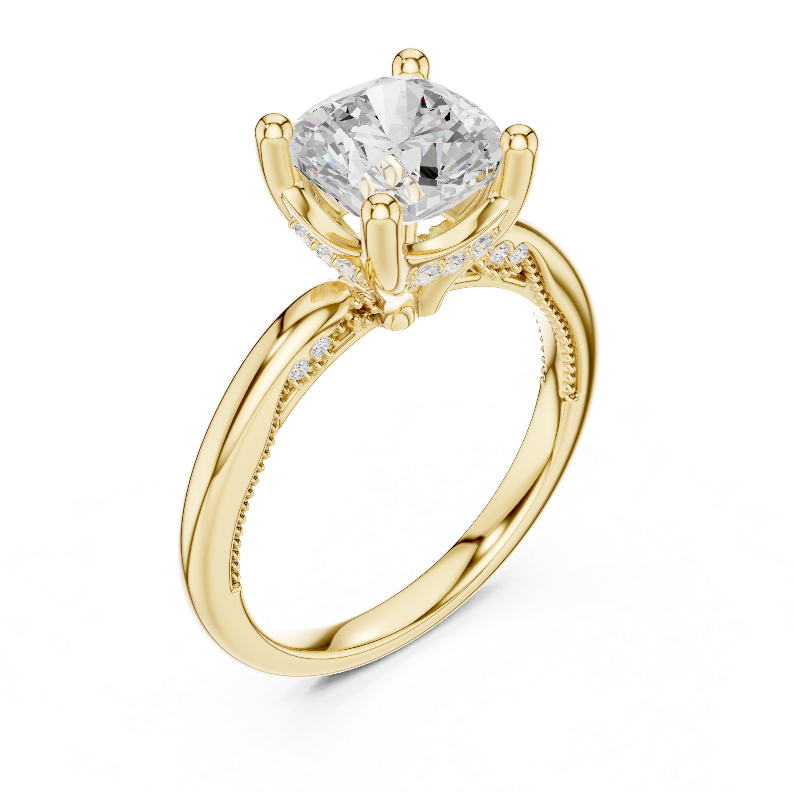 Cushion Cut Engagement Ring with Twisted Split Shank and Hidden Halo