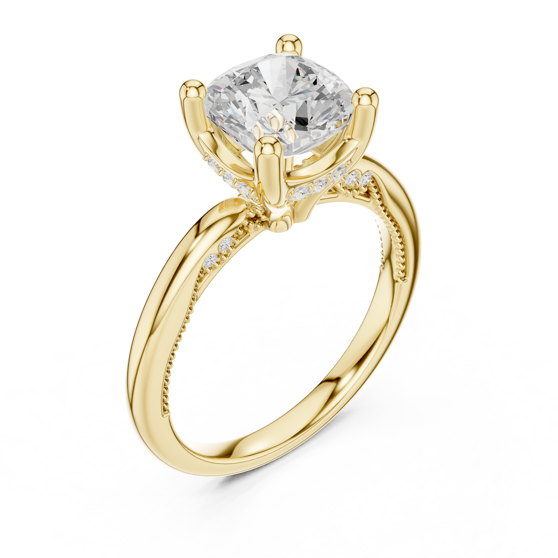 Cushion Cut Engagement Ring with Twisted Split Shank and Hidden Halo