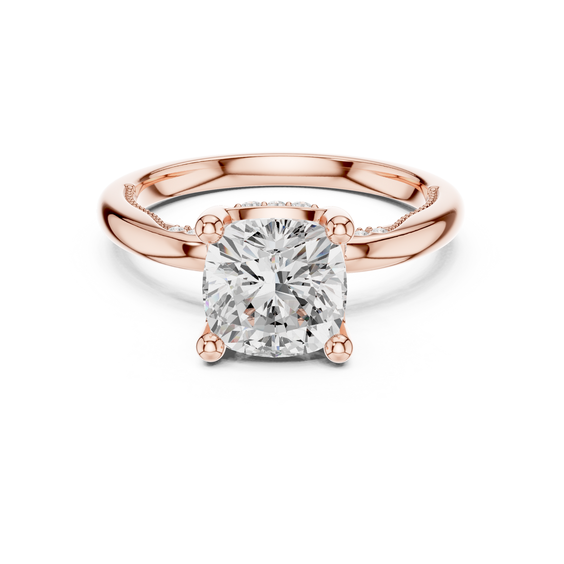 Cushion Cut Engagement Ring with Twisted Split Shank and Hidden Halo