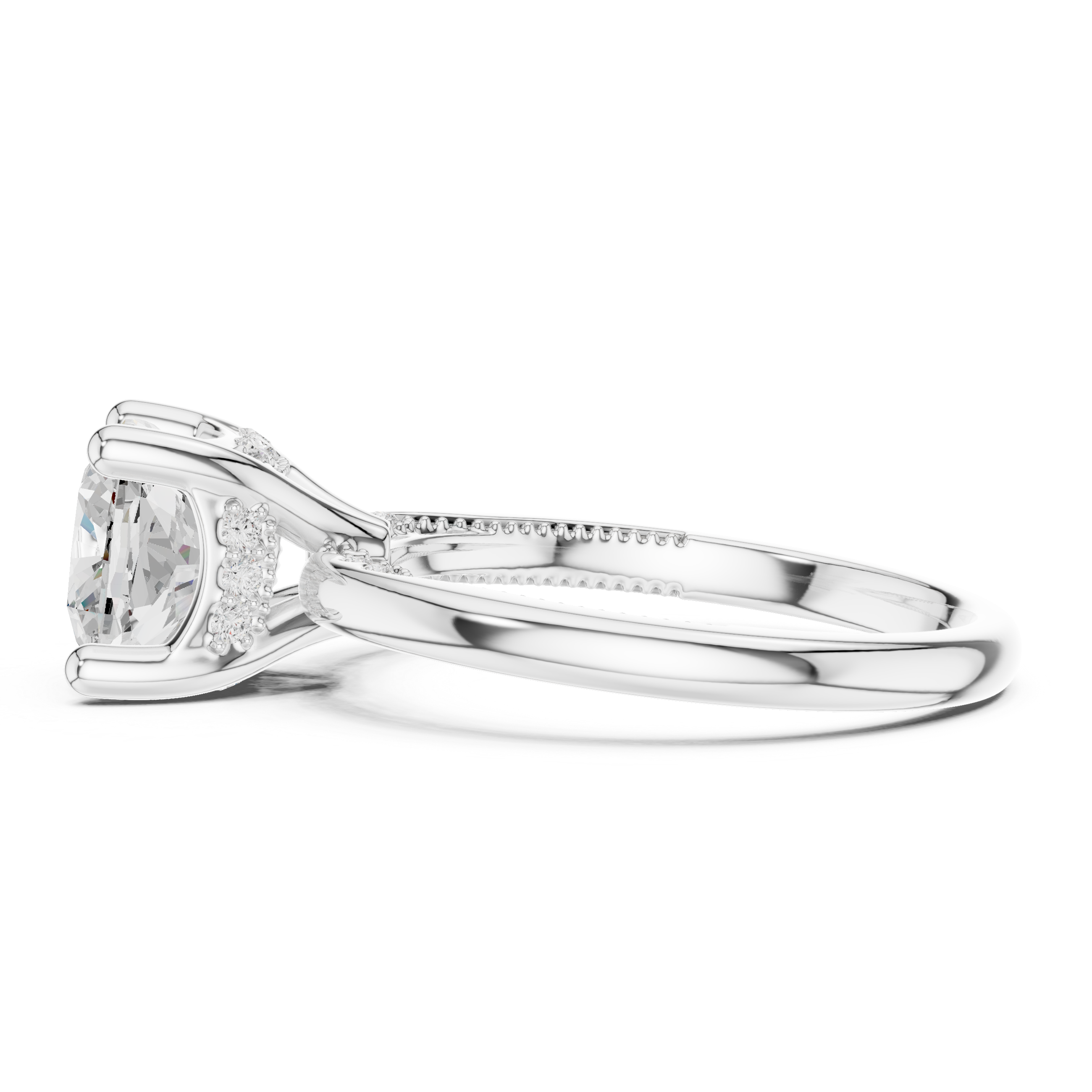 Cushion Cut Engagement Ring with Twisted Split Shank and Hidden Halo