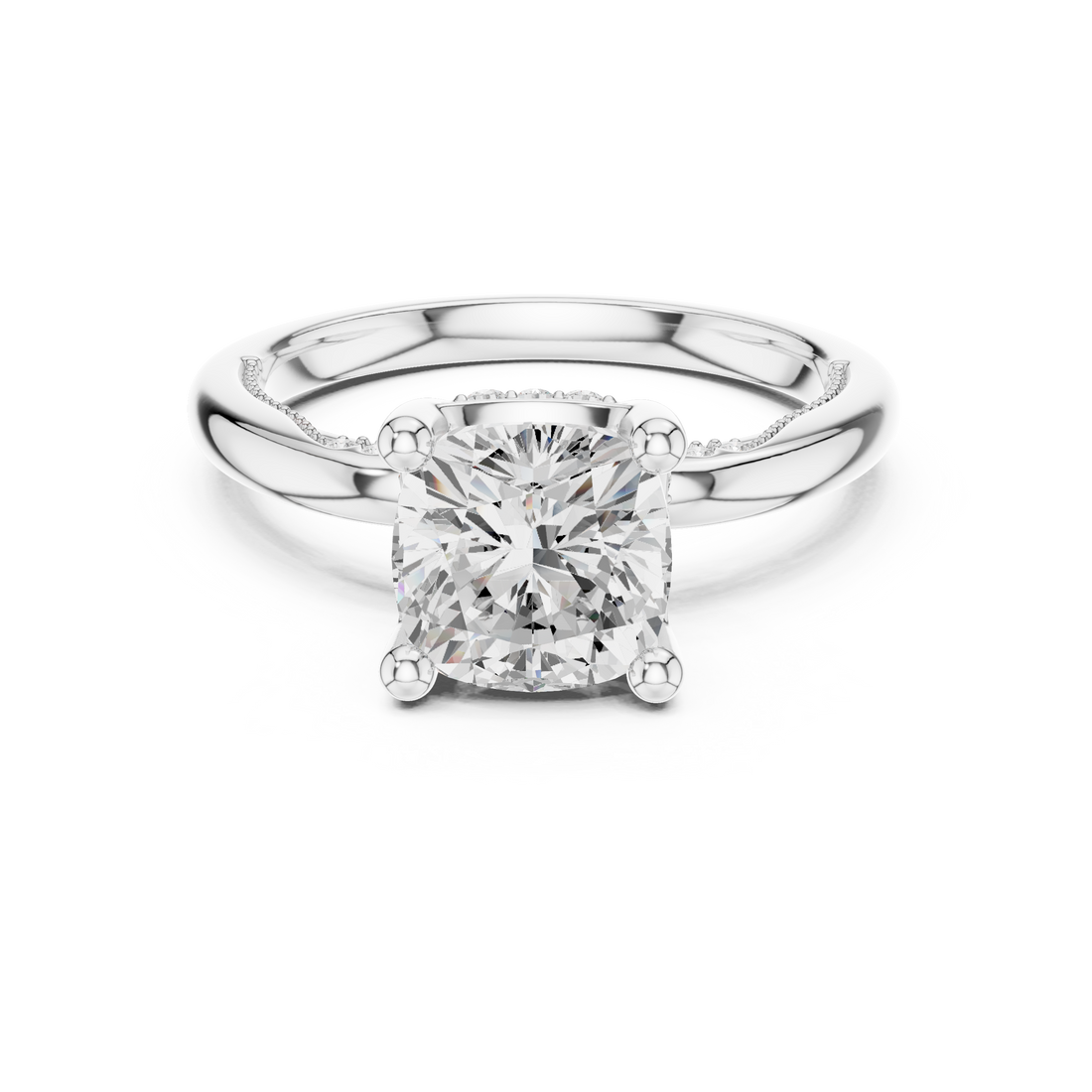 Cushion Cut Engagement Ring with Twisted Split Shank and Hidden Halo