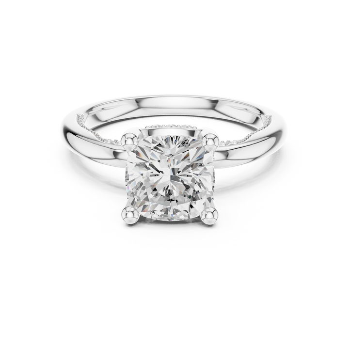 Cushion Cut Engagement Ring with Twisted Split Shank and Hidden Halo