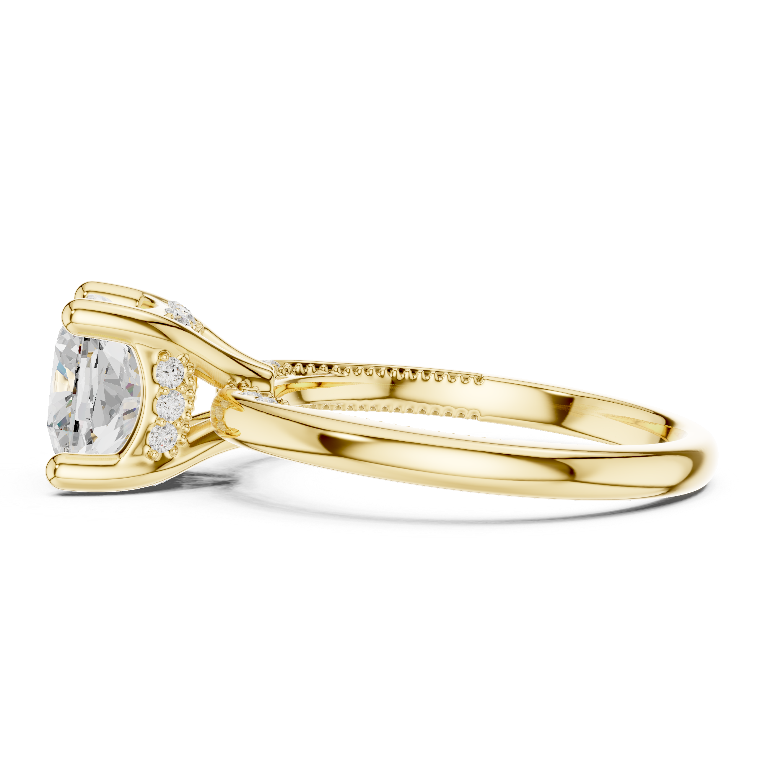 Cushion Cut Engagement Ring with Twisted Split Shank and Hidden Halo