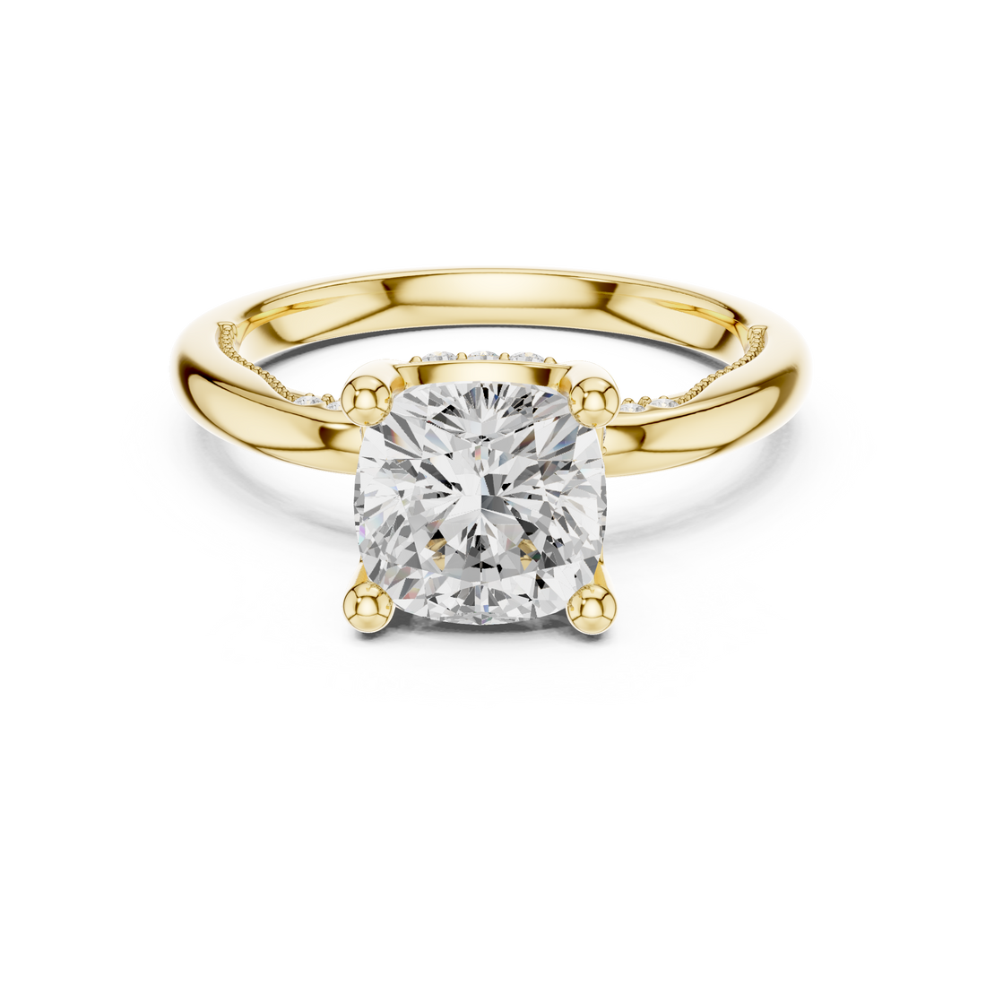 Cushion Cut Engagement Ring with Twisted Split Shank and Hidden Halo