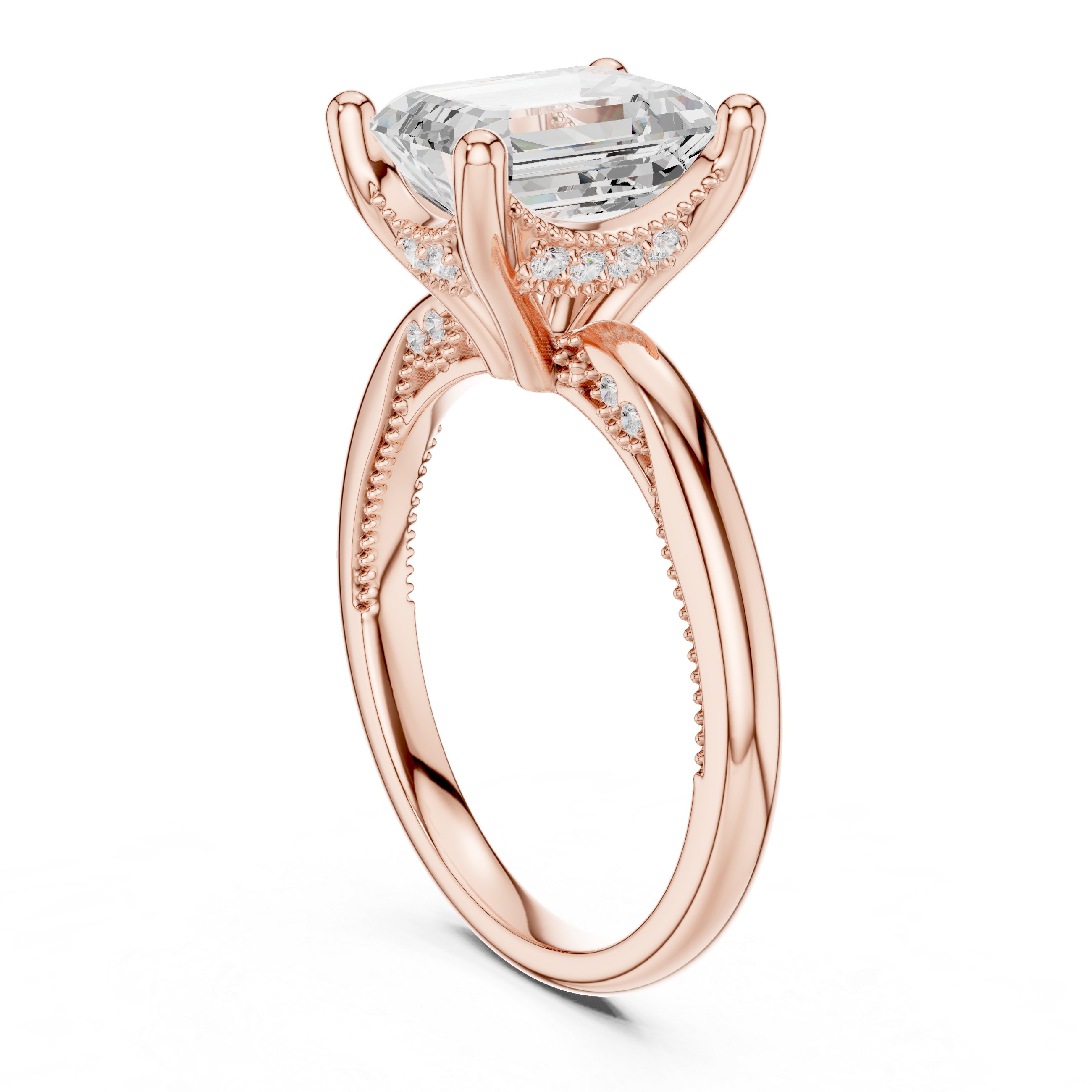 Emerald Cut Engagement Ring with Twisted Split Shank and Hidden Halo