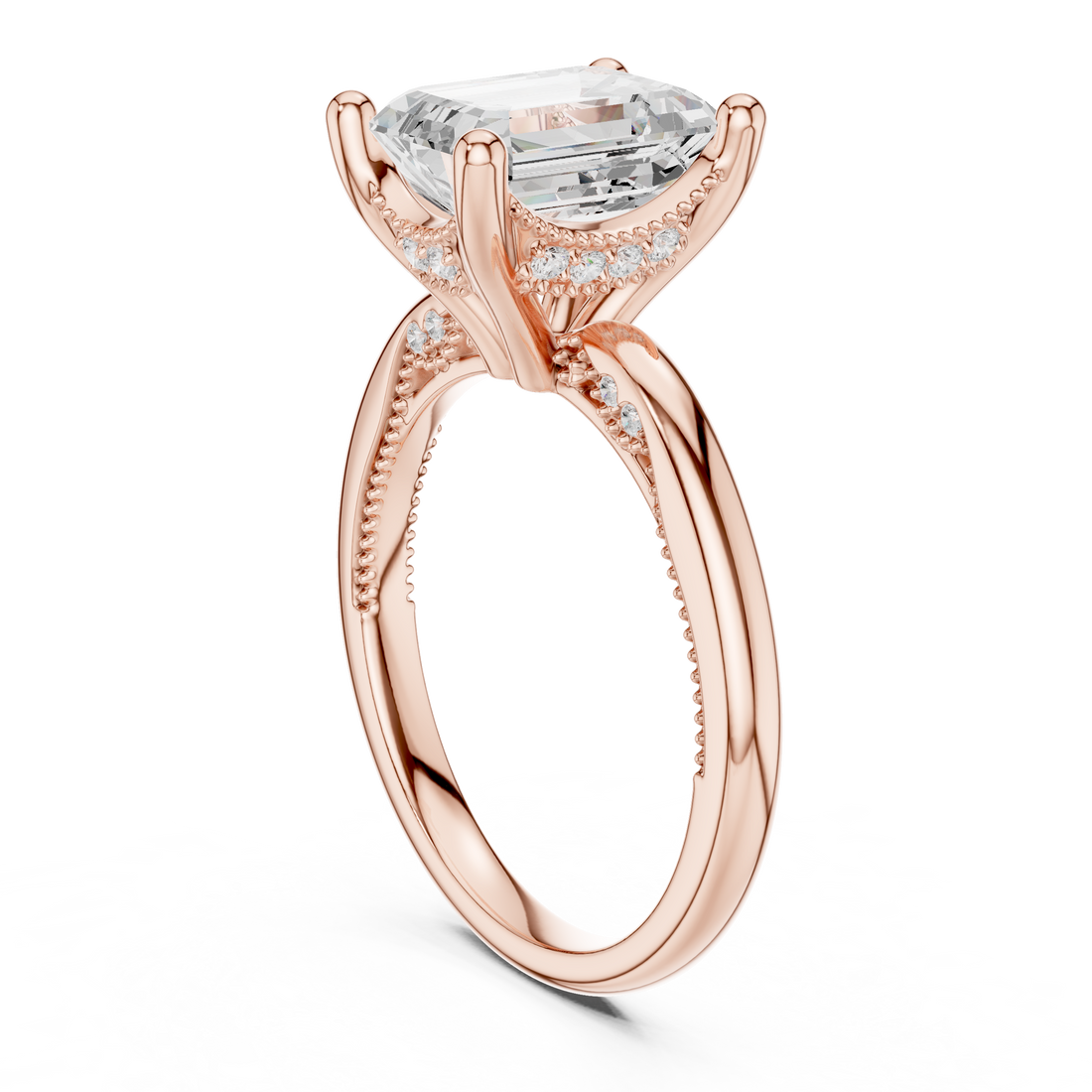 Emerald Cut Engagement Ring with Twisted Split Shank and Hidden Halo